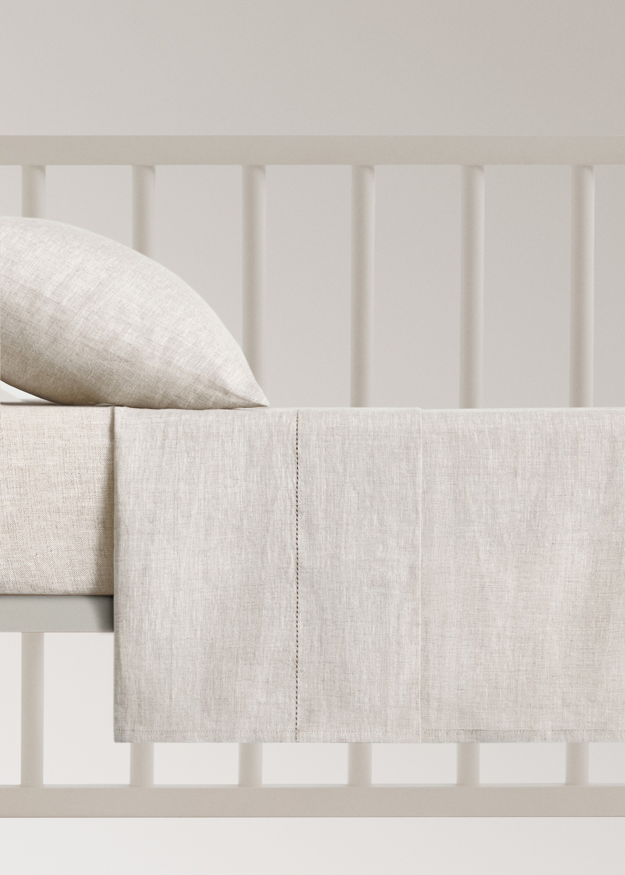 Washed linen top sheet with hemstitch for cot - Article without model, Beige. Ref: 17065165-00.