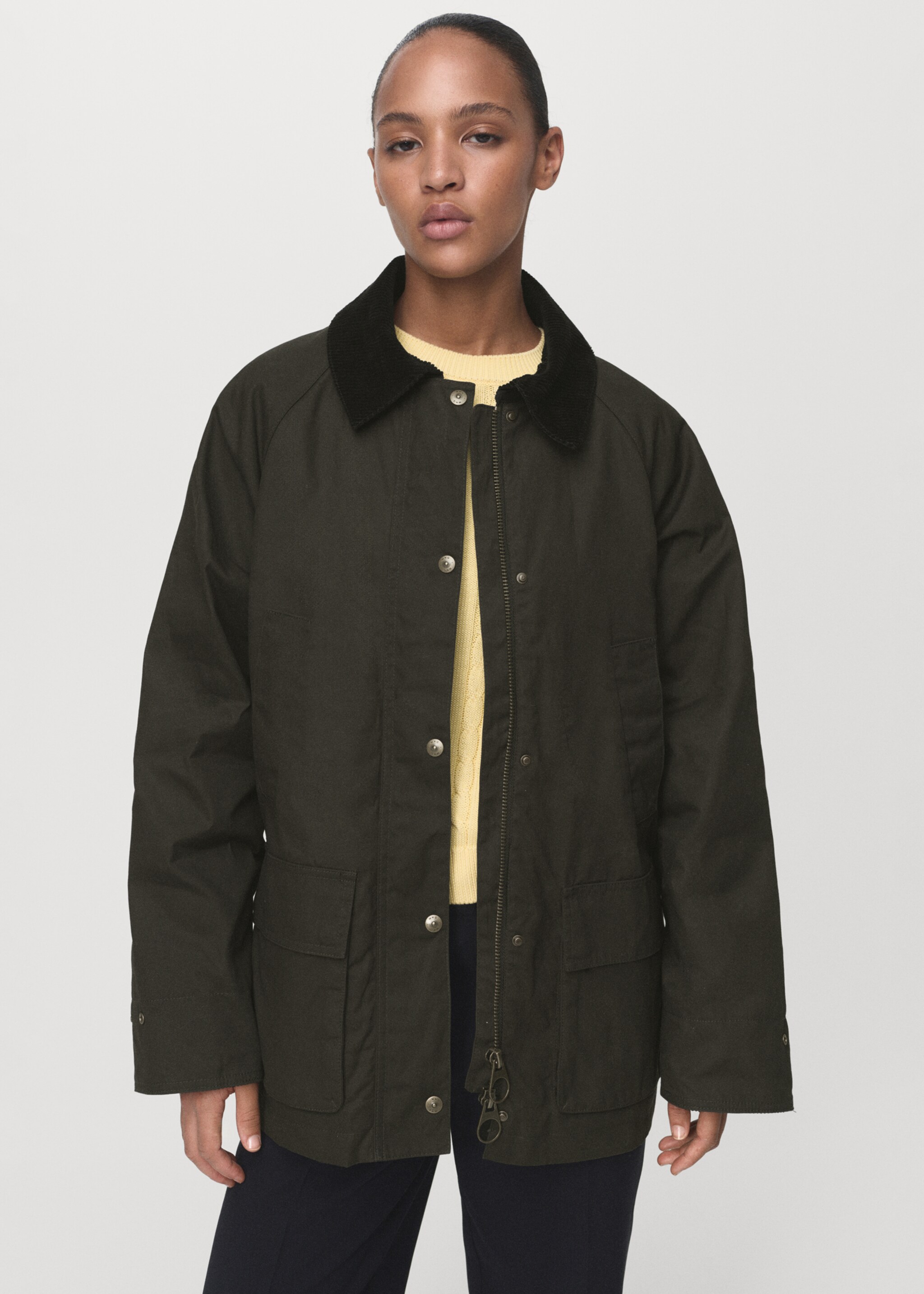 Cotton parka with corduroy collar - Medium plane, Khaki. Ref: 17065789-00.