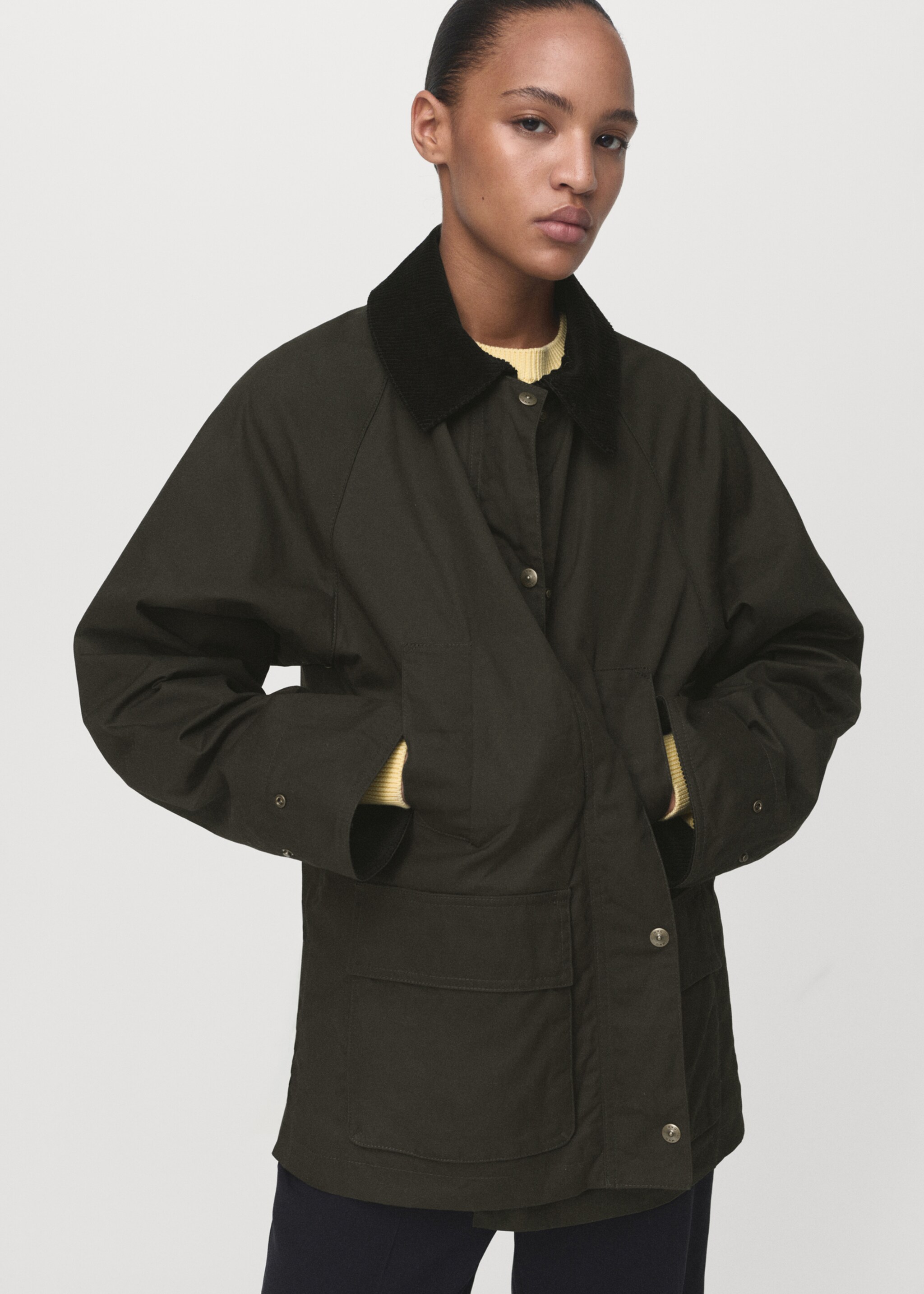 Cotton parka with corduroy collar - Details of the article 2, Khaki. Ref: 17065789-00.