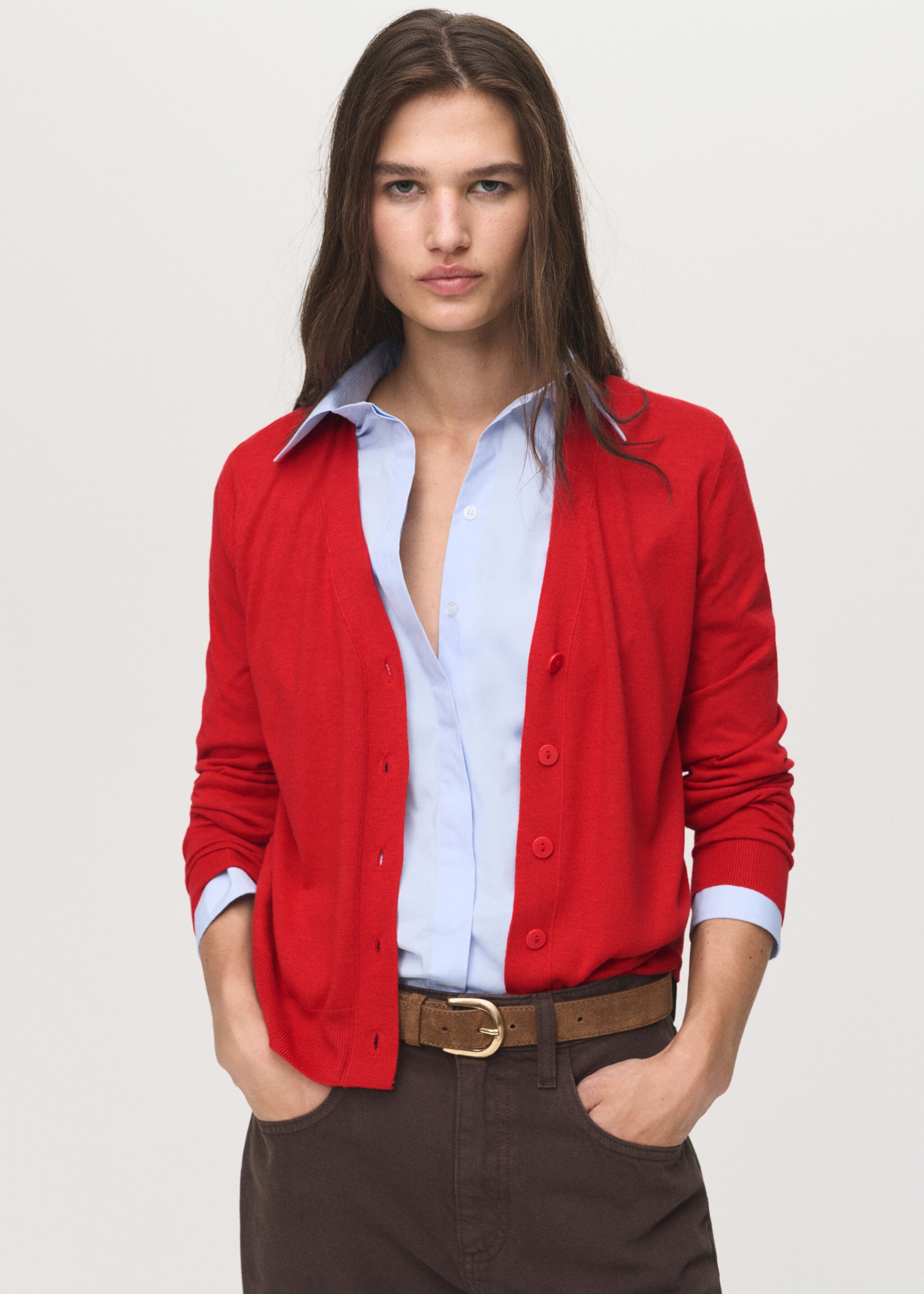Cardigan maille col V - Plan moyen, Orange foncé. Ref: 17065803-00.