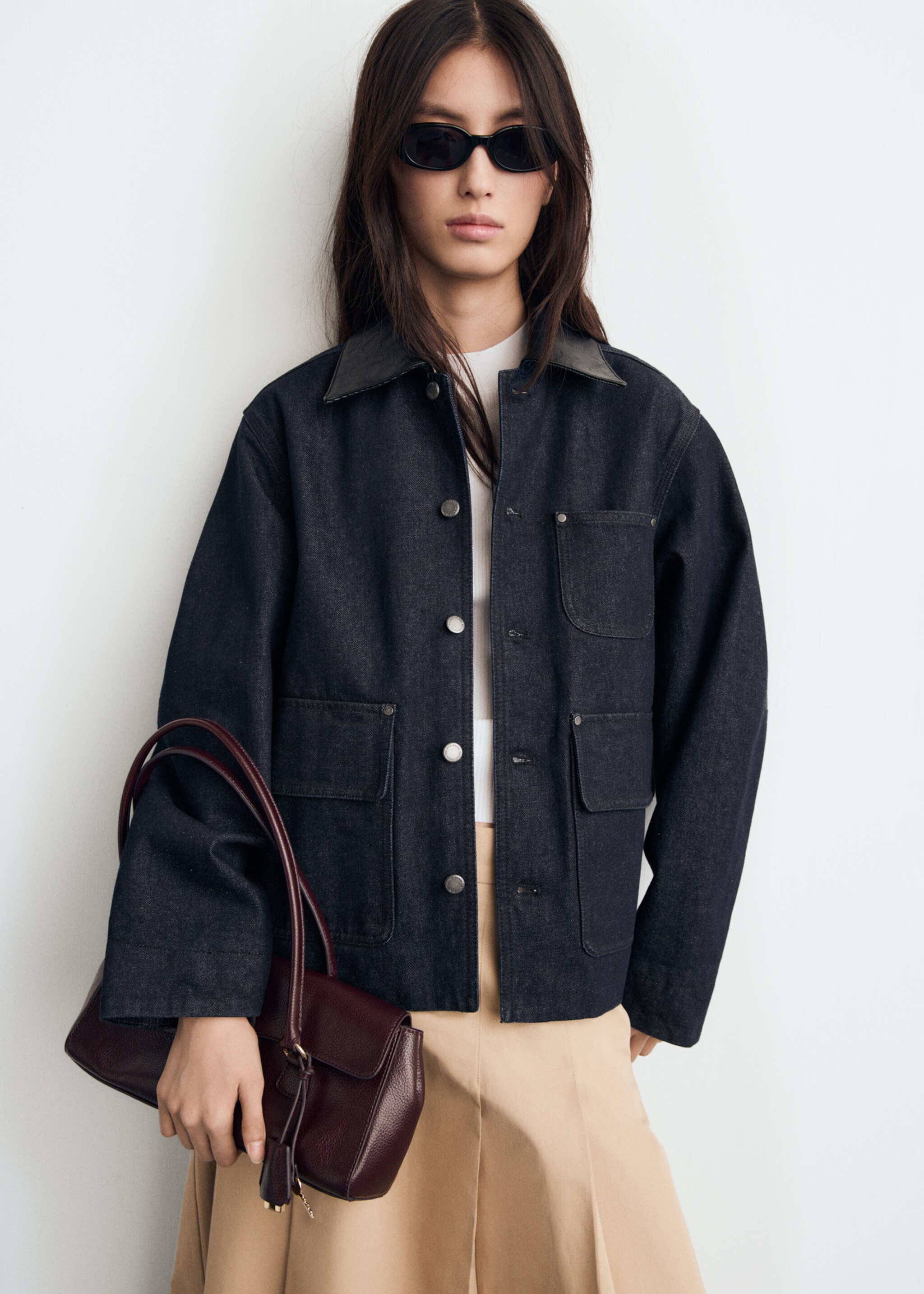 Denim jacket with leather-effect collar - Medium plane, Open Blue. Ref: 17065812-00.