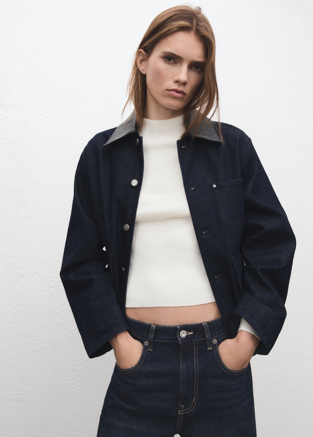 Denim jacket with faux-effect collar