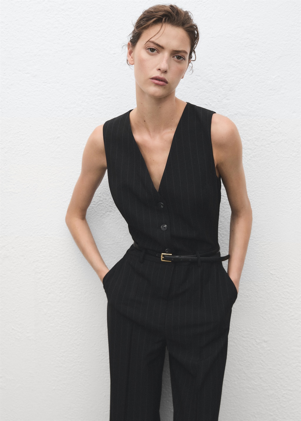 Pinstripe jumpsuit with belt