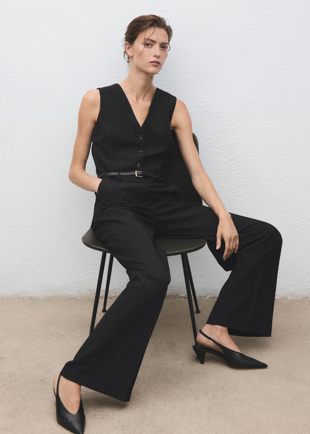 Pinstripe jumpsuit with belt