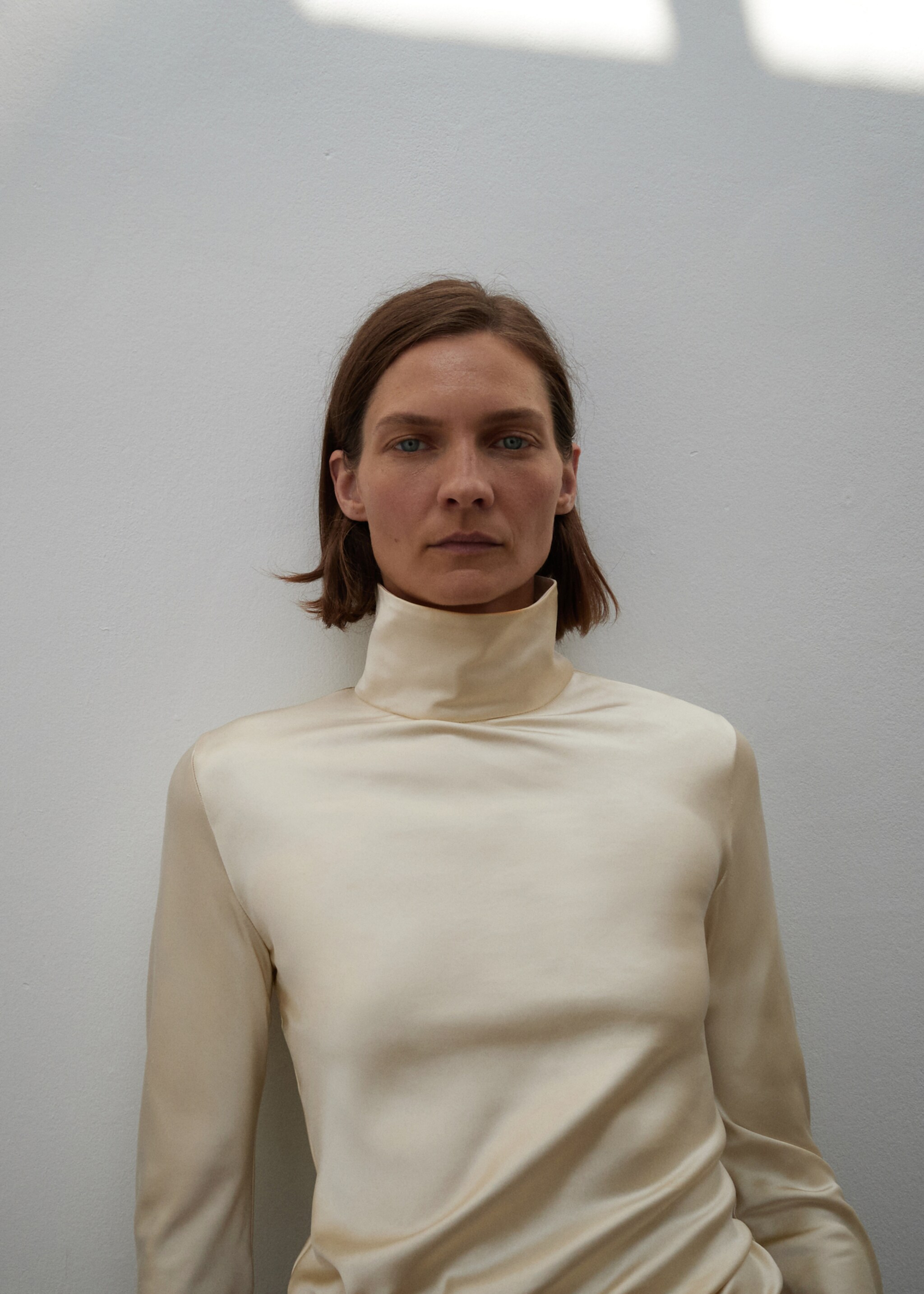 High-neck satin blouse - Details of the article 1, Ecru. Ref: 17065825-00.