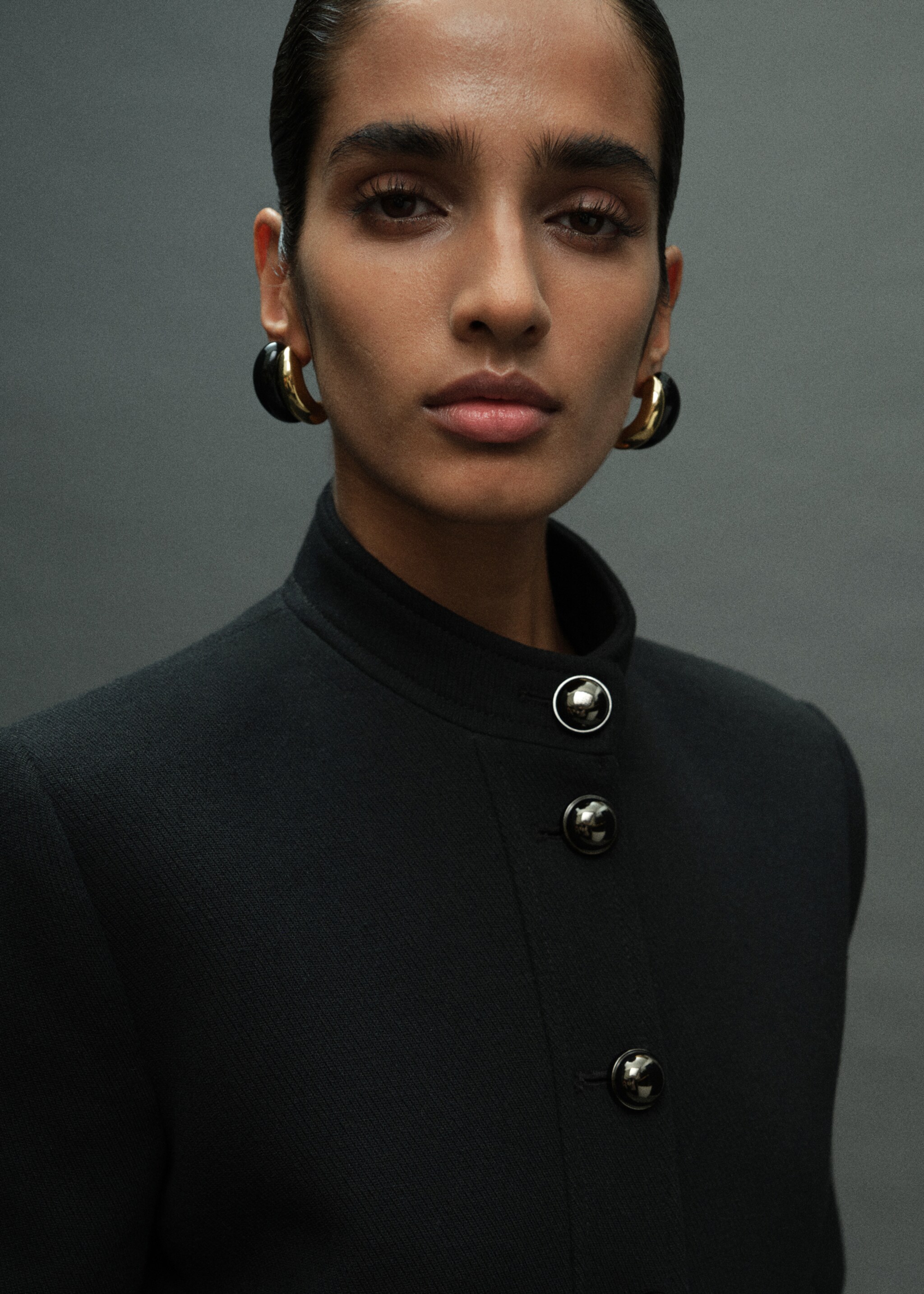 Jacket with jewel-button strip collar - Details of the article 1, Black. Ref: 17065829-00.