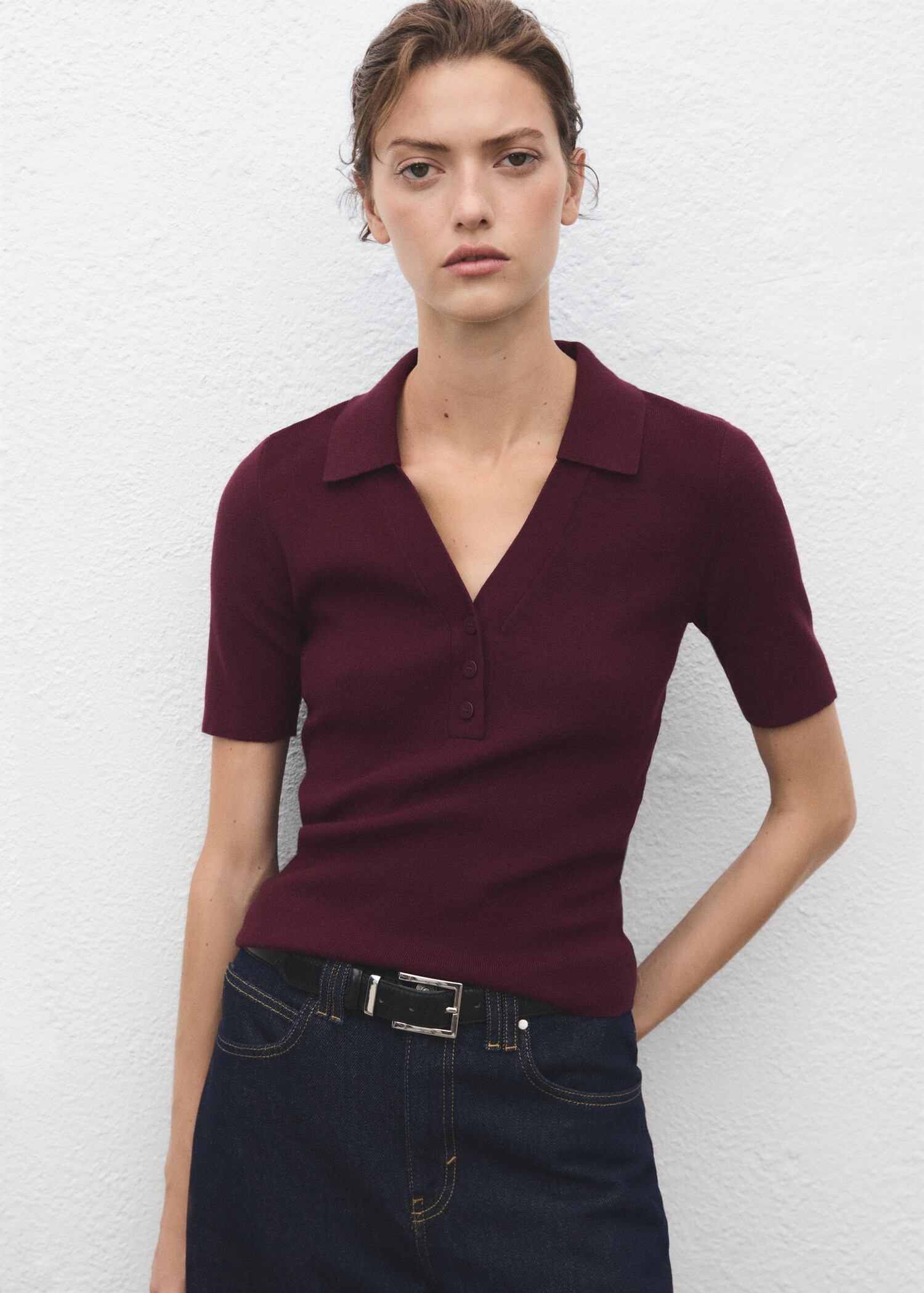 Fine-knit sweater with shirt collar - Medium plane