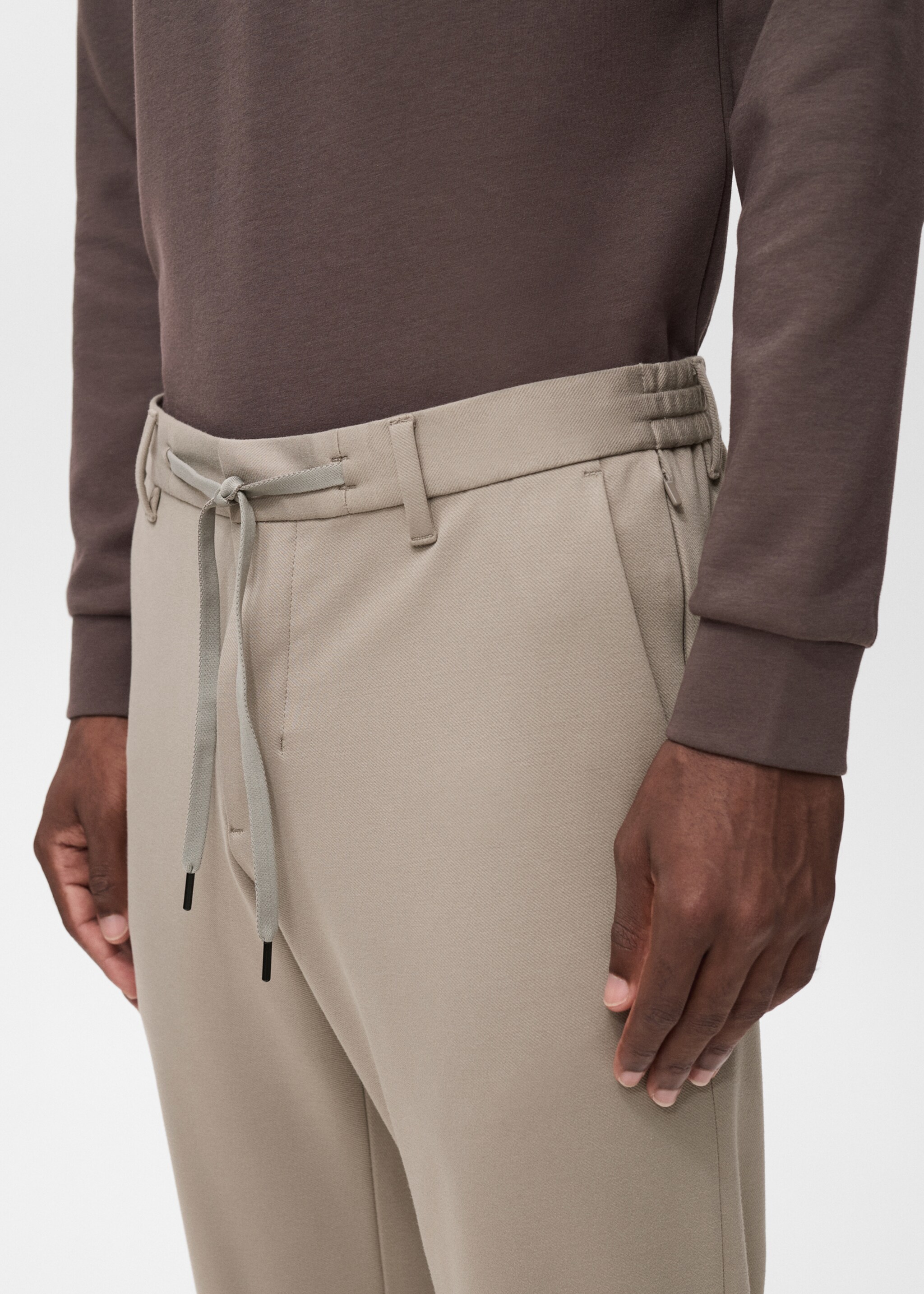 Stretch fabric slim-fit trousers with drawstring - Details of the article 1, Light/Pastel Grey. Ref: 17066326-00.