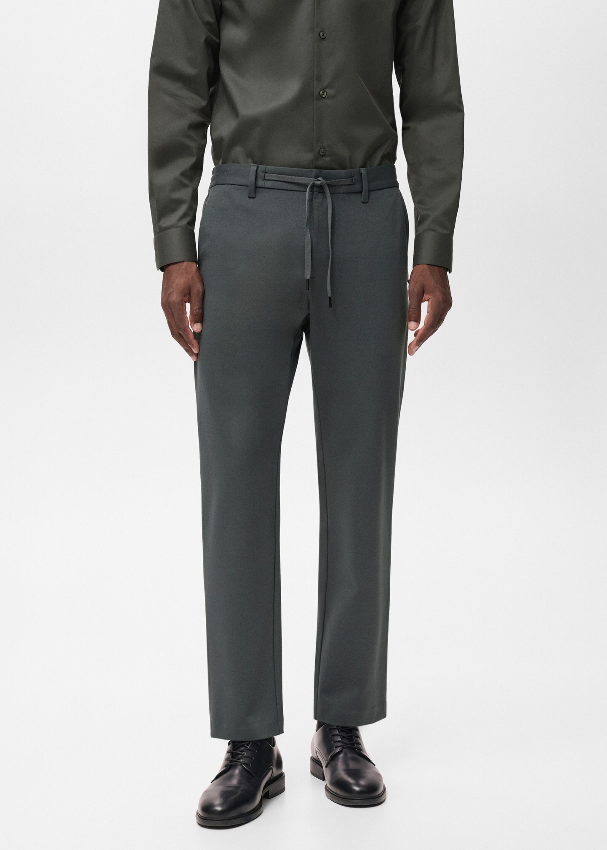 Stretch fabric slim-fit trousers with drawstring - Medium plane, Dark Green. Ref: 17066326-00.