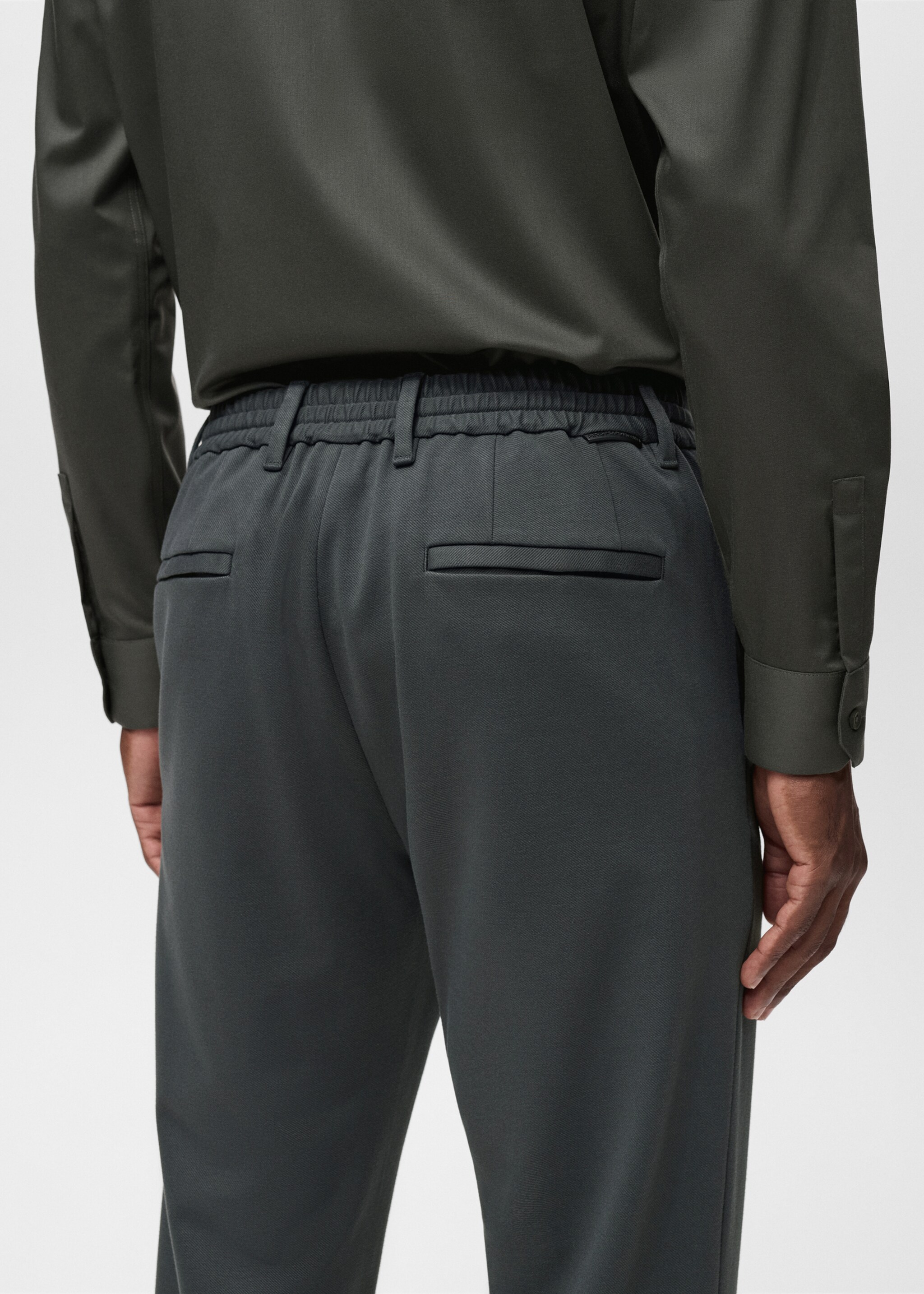 Stretch fabric slim-fit trousers with drawstring - Details of the article 6, Dark Green. Ref: 17066326-00.