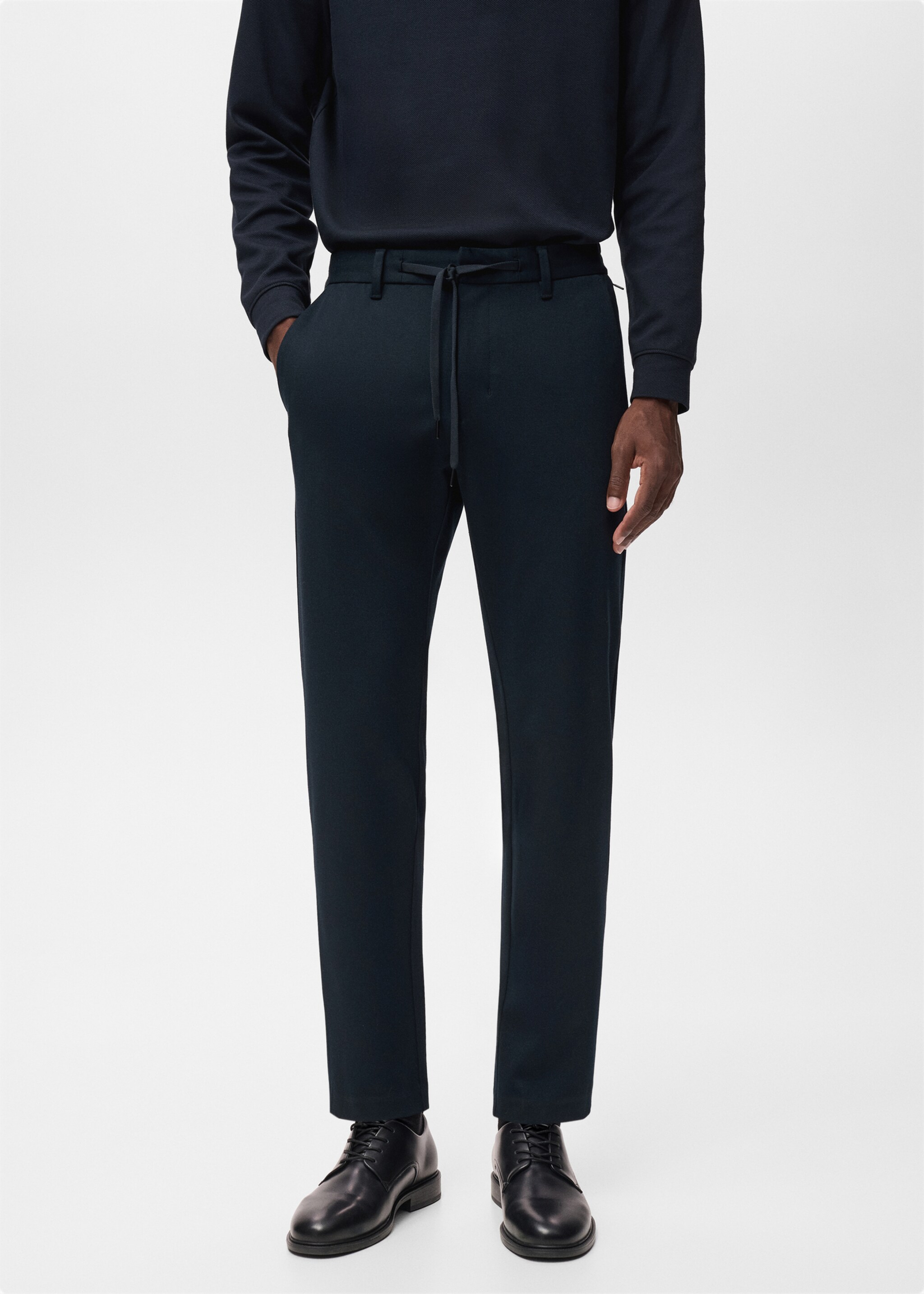 Stretch fabric slim-fit trousers with drawstring - Medium plane, Navy. Ref: 17066326-00.