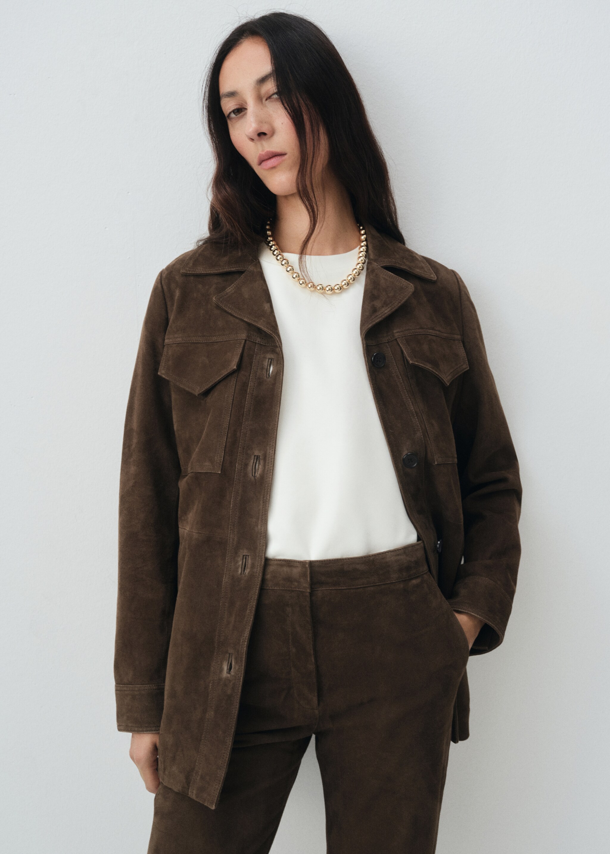 100% suede flared pants - Details of the article 1, Khaki. Ref: 17066344-00.