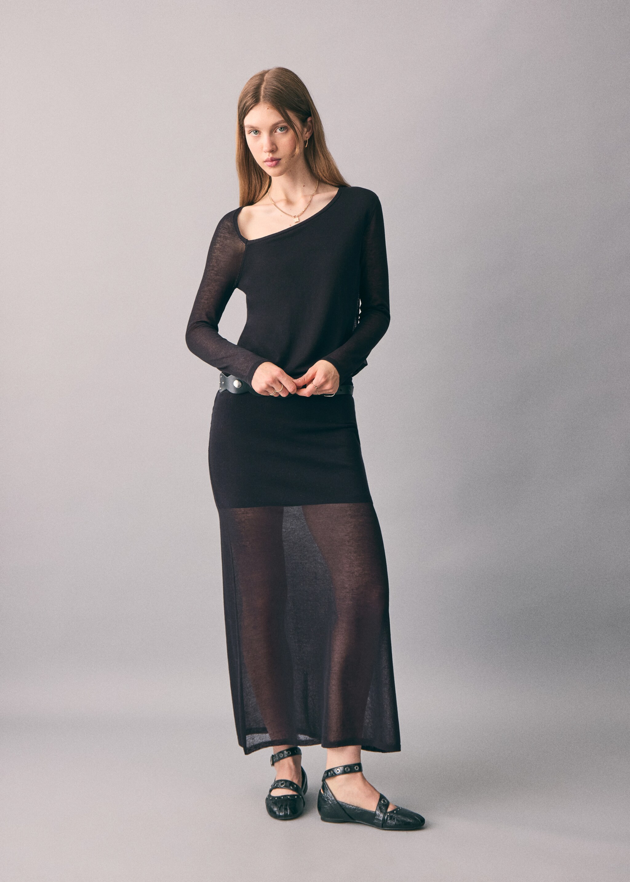 Long semi-transparent skirt - Details of the article 4, Black. Ref: 17067123-00.