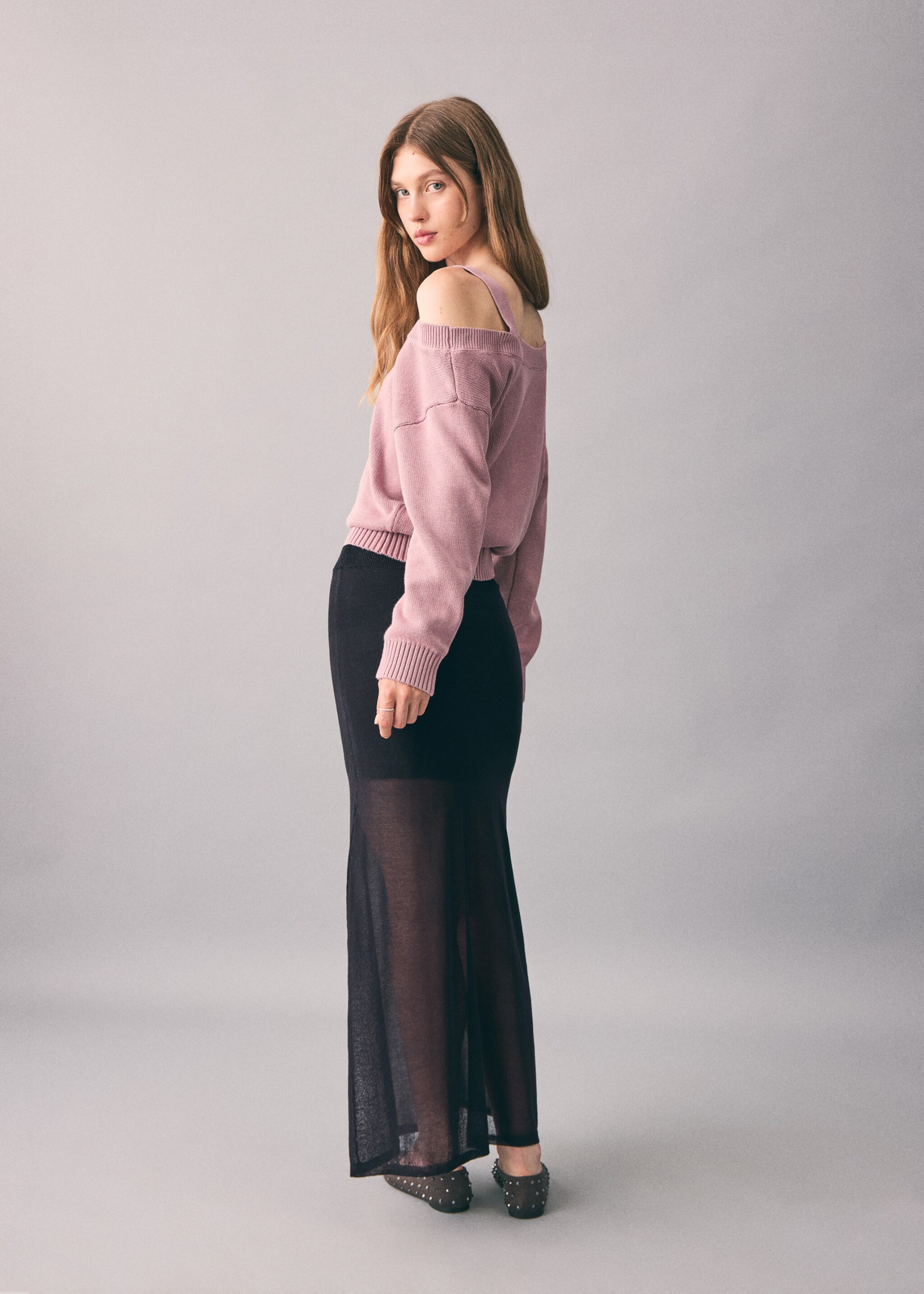 Long semi-transparent skirt - Reverse of the article, Black. Ref: 17067123-00.