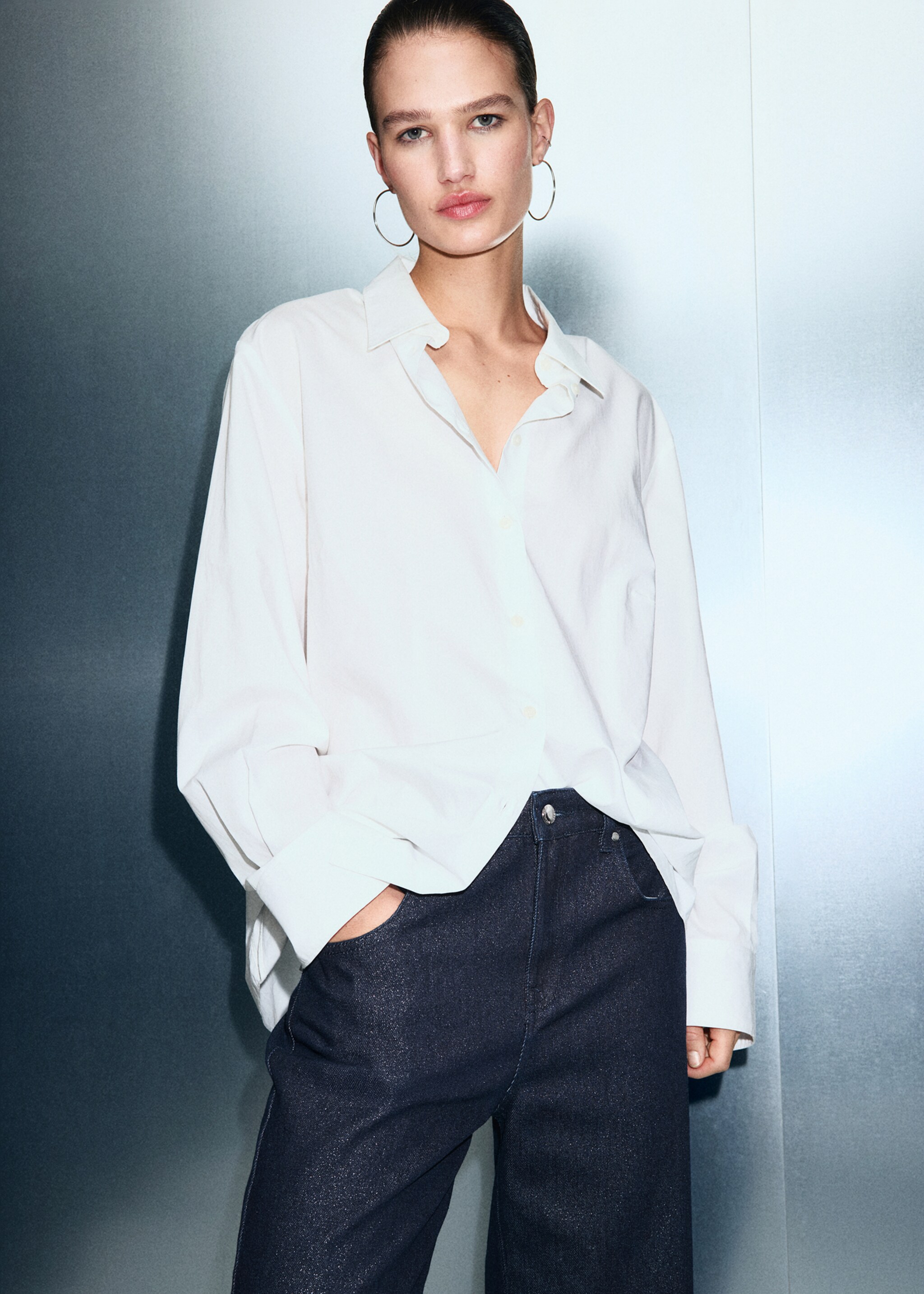 Shiny straight-leg jeans - Details of the article 1, Dark Blue. Ref: 17067797-00.