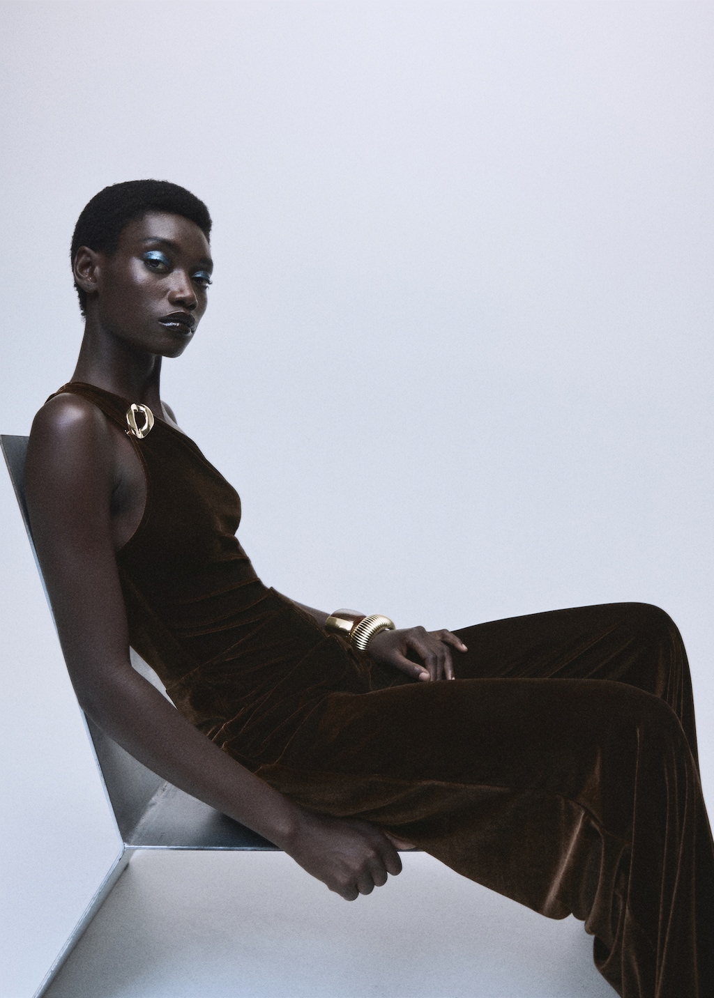 Velvet jumpsuit with metallic detail