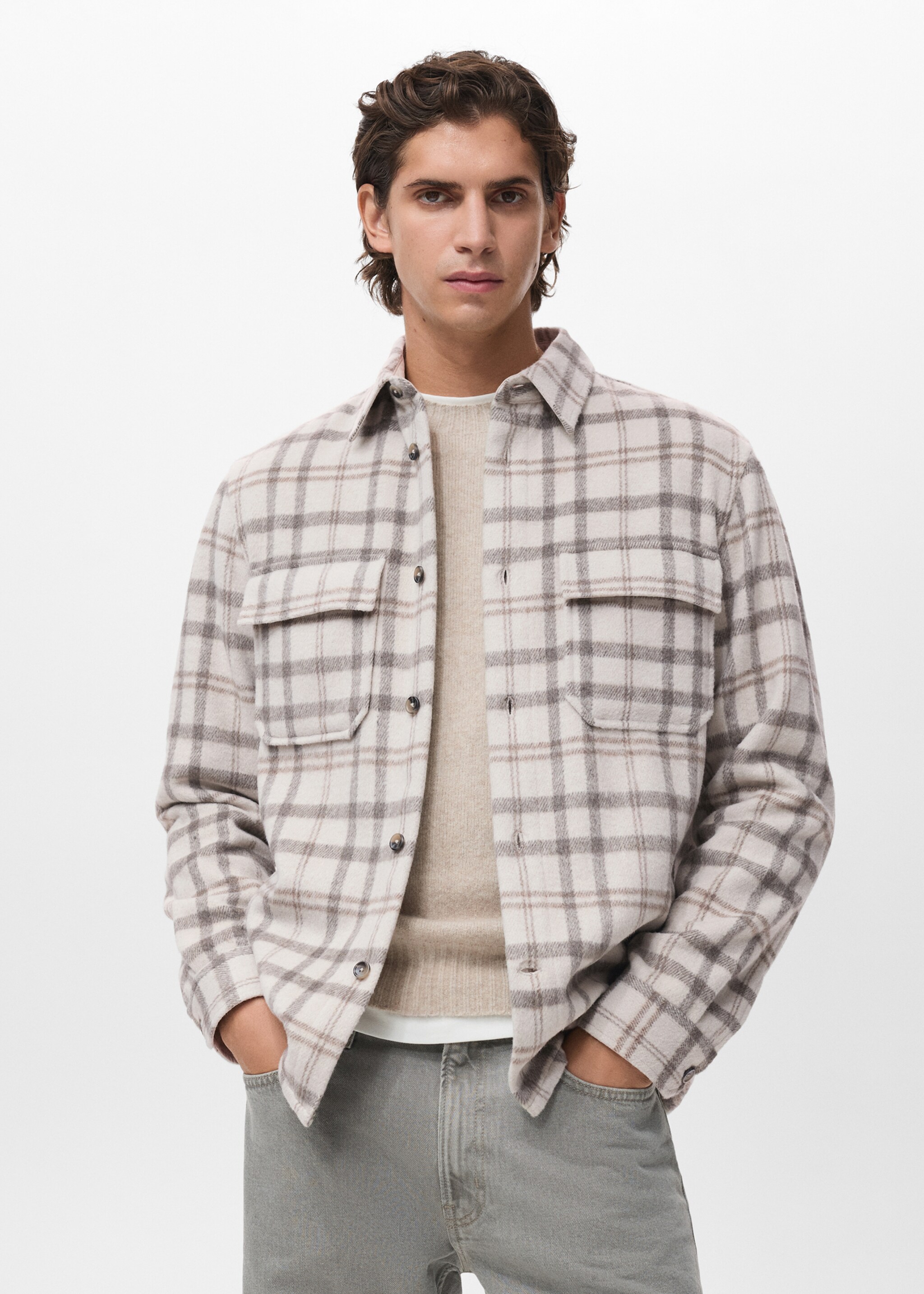 Check flannel overshirt - Medium plane, Ecru. Ref: 17067903-00.