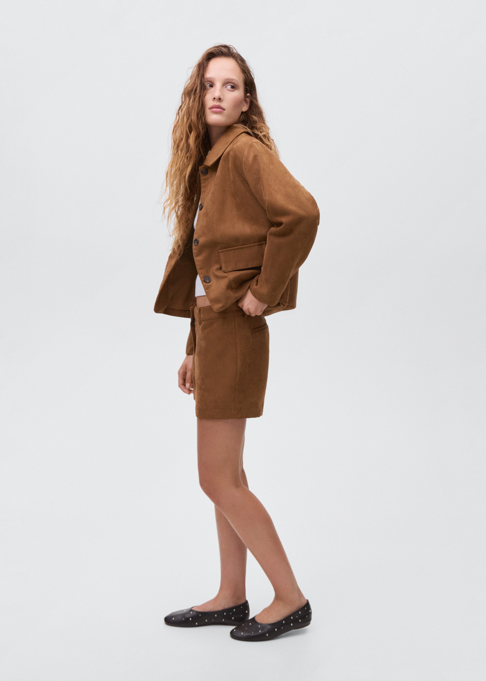 Suede-effect shorts - Details of the article 2, Medium Brown. Ref: 17068267-00.