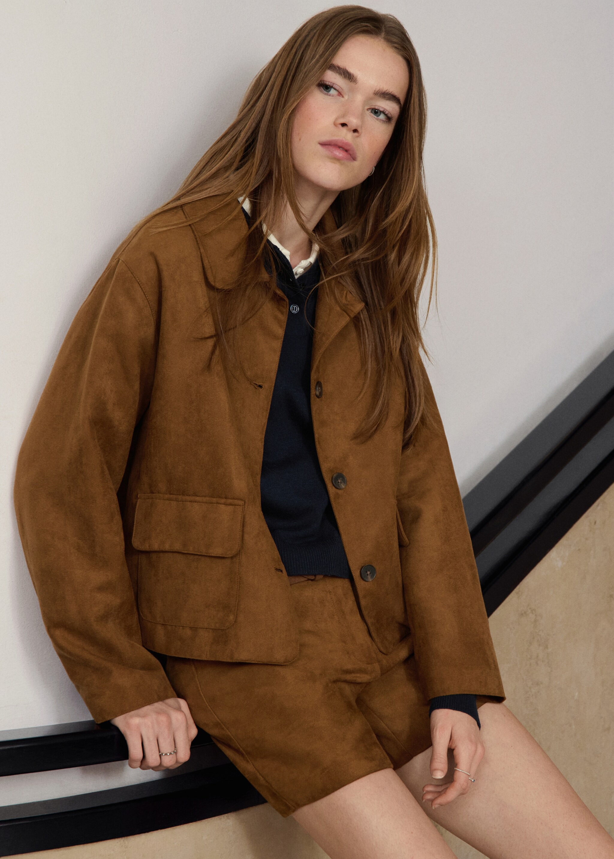 Suede-effect shorts - Details of the article 5, Medium Brown. Ref: 17068267-00.