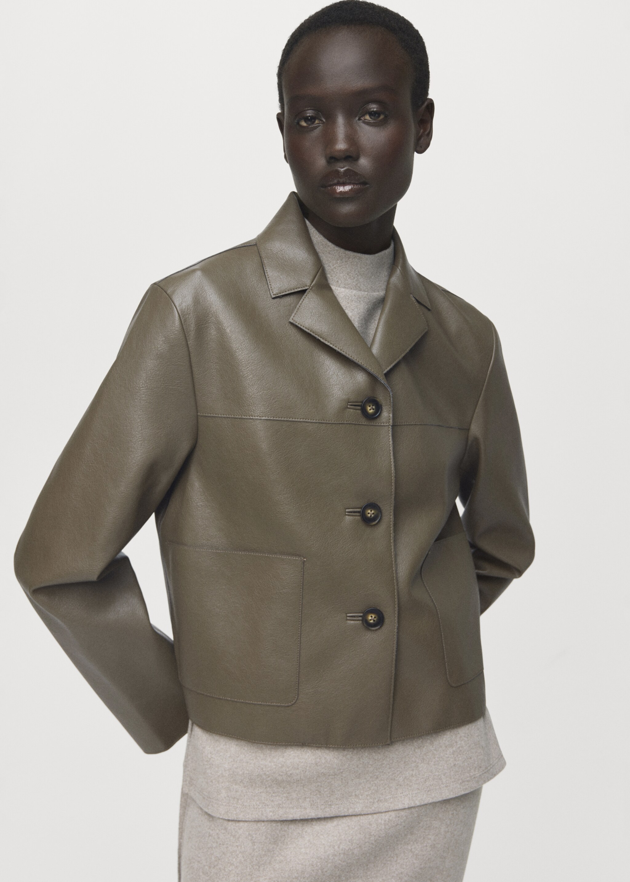 Leather-effect jacket with pockets - Medium plane, Olive Green. Ref: 17068288-00.