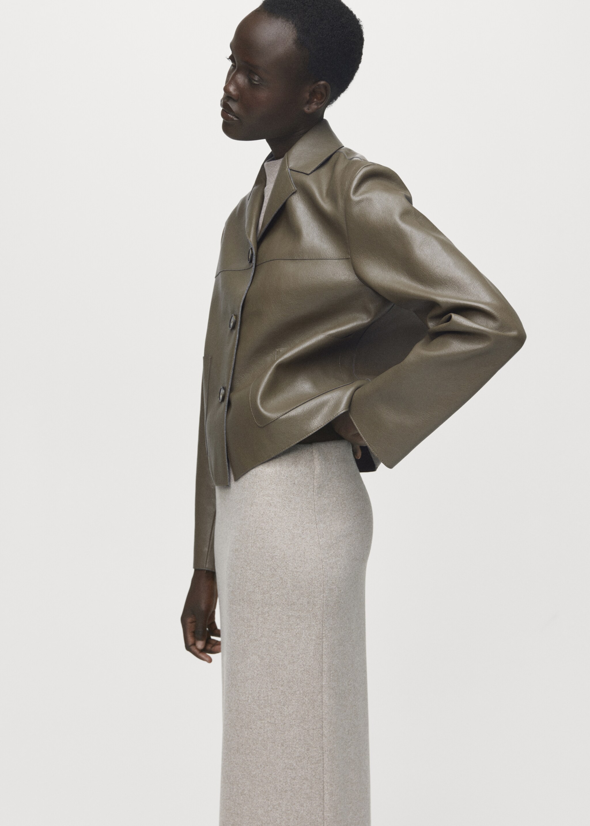 Leather-effect jacket with pockets - Details of the article 6, Olive Green. Ref: 17068288-00.
