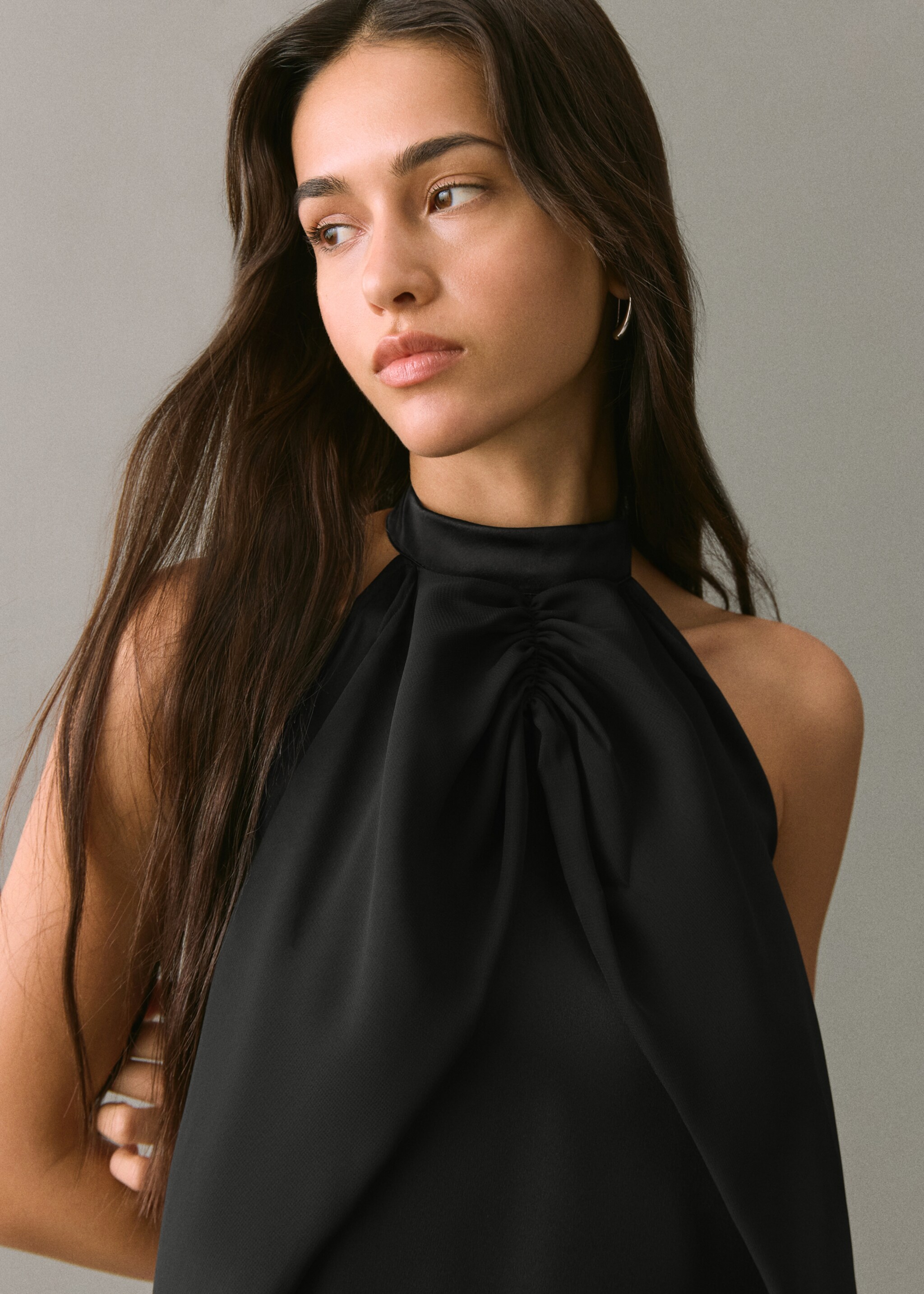 Satin halter neck dress - Details of the article 1, Black. Ref: 17068634-00.