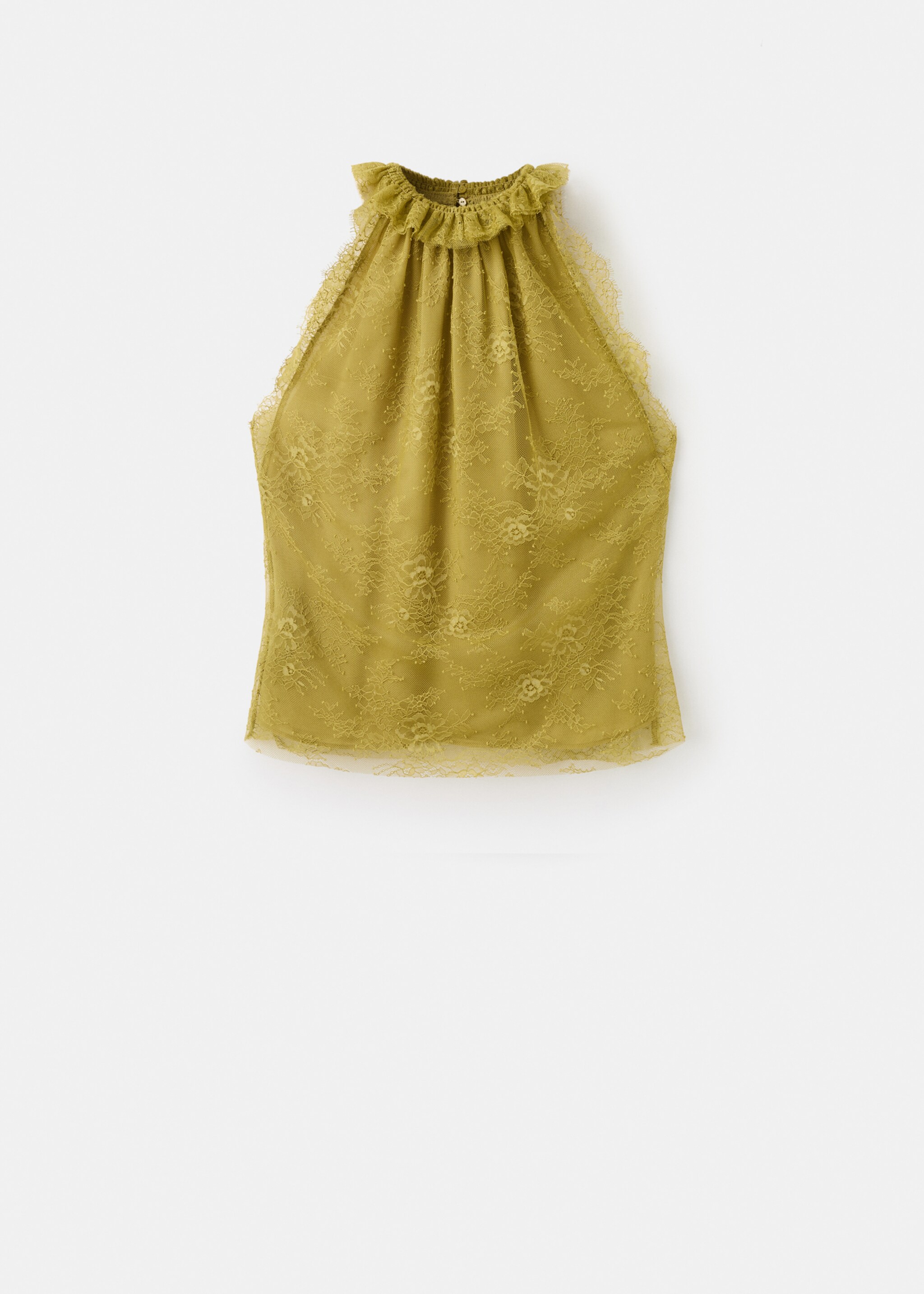 Lace top with ruff collar - Article without model, Olive Green. Ref: 17069104-00.