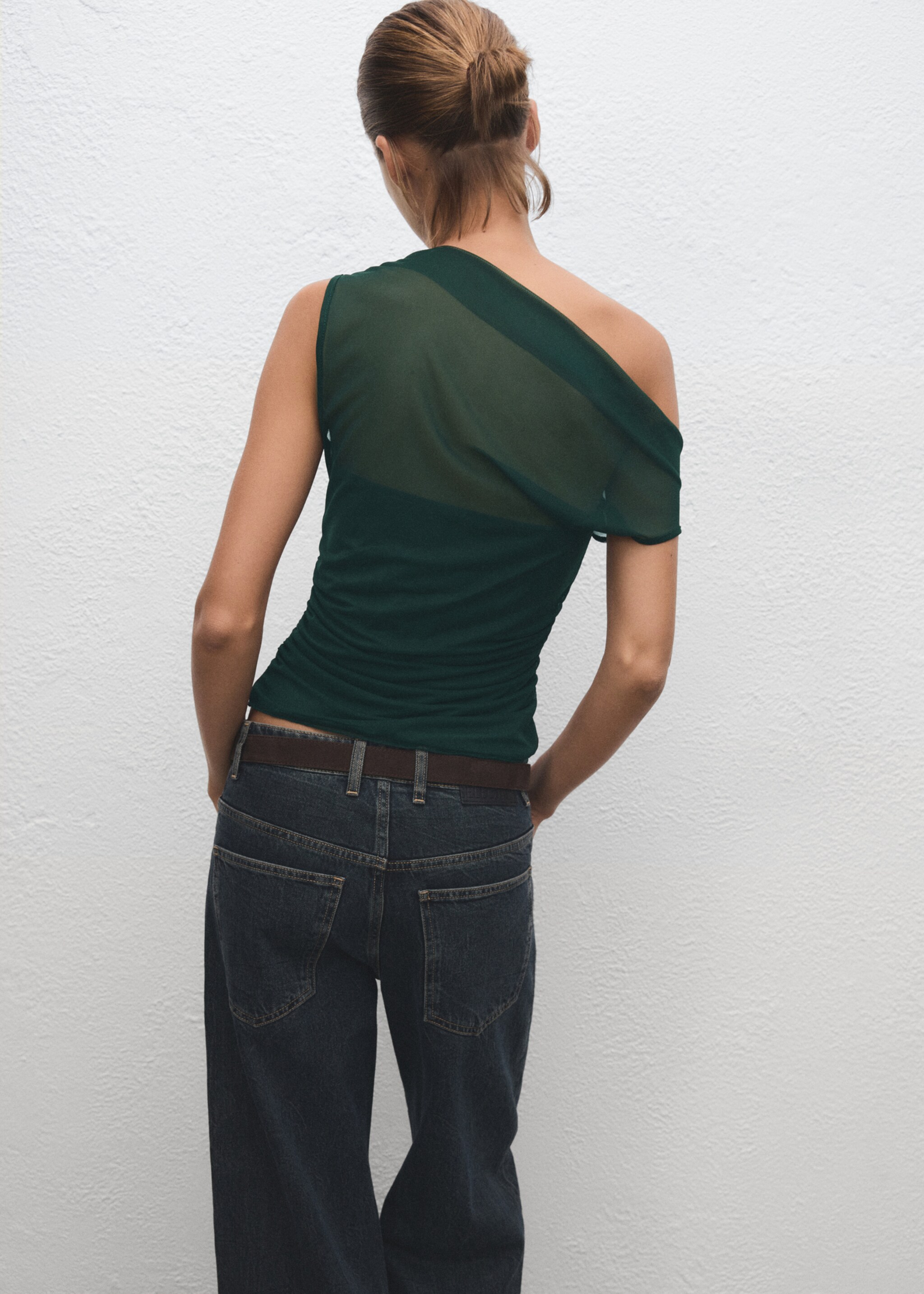 Semi-transparent top with asymmetrical neckline - Reverse of the article, Green. Ref: 17069212-00.