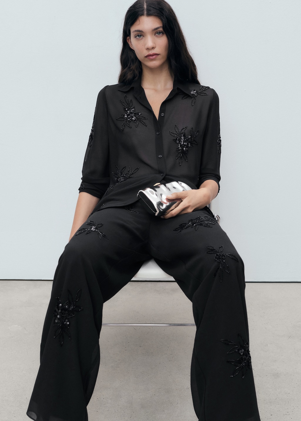 Rhinestone-embroidered pants