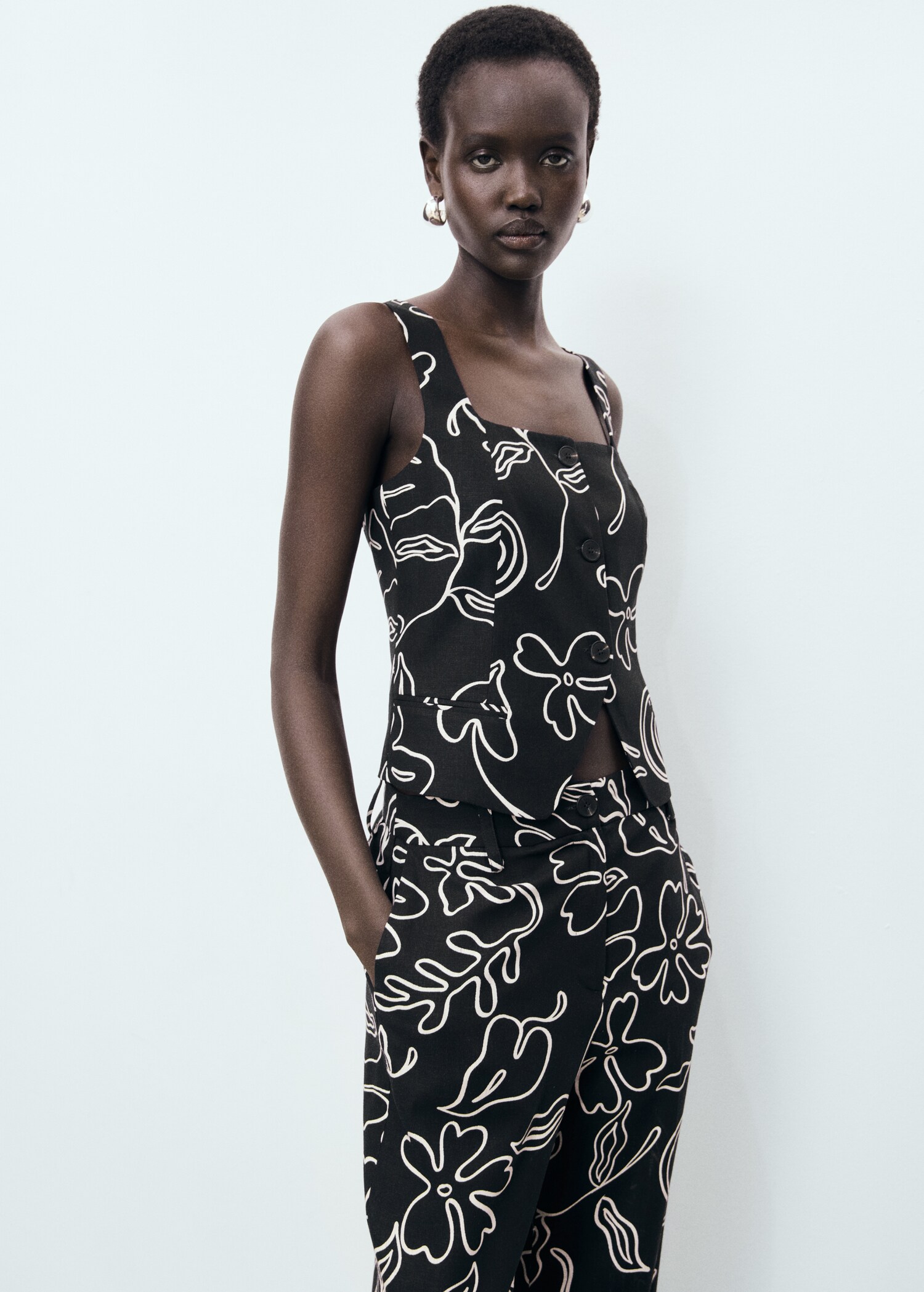 Floral-print linen suit waistcoat - Medium plane