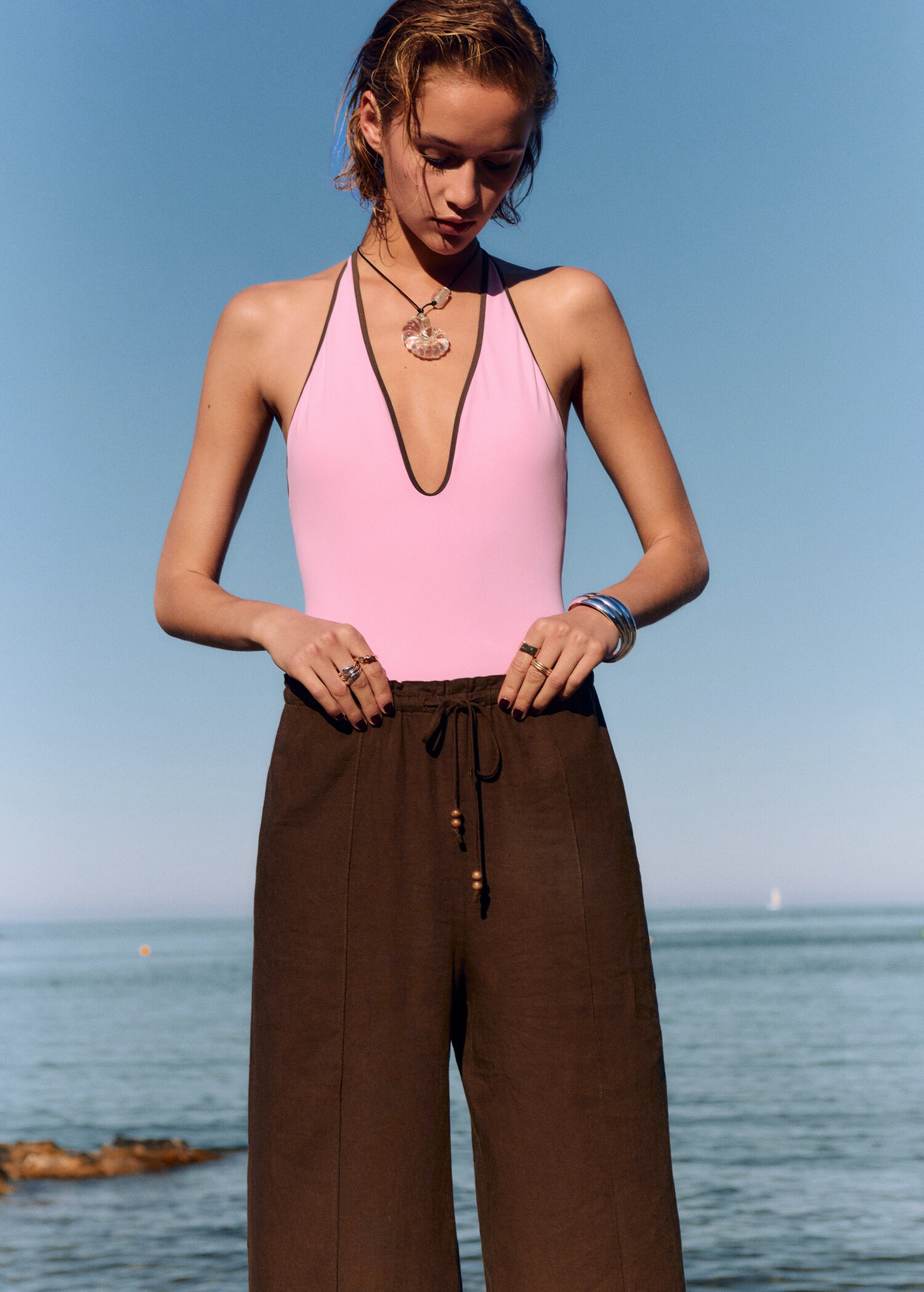 Linen-blend elastic waist trousers - Medium plane