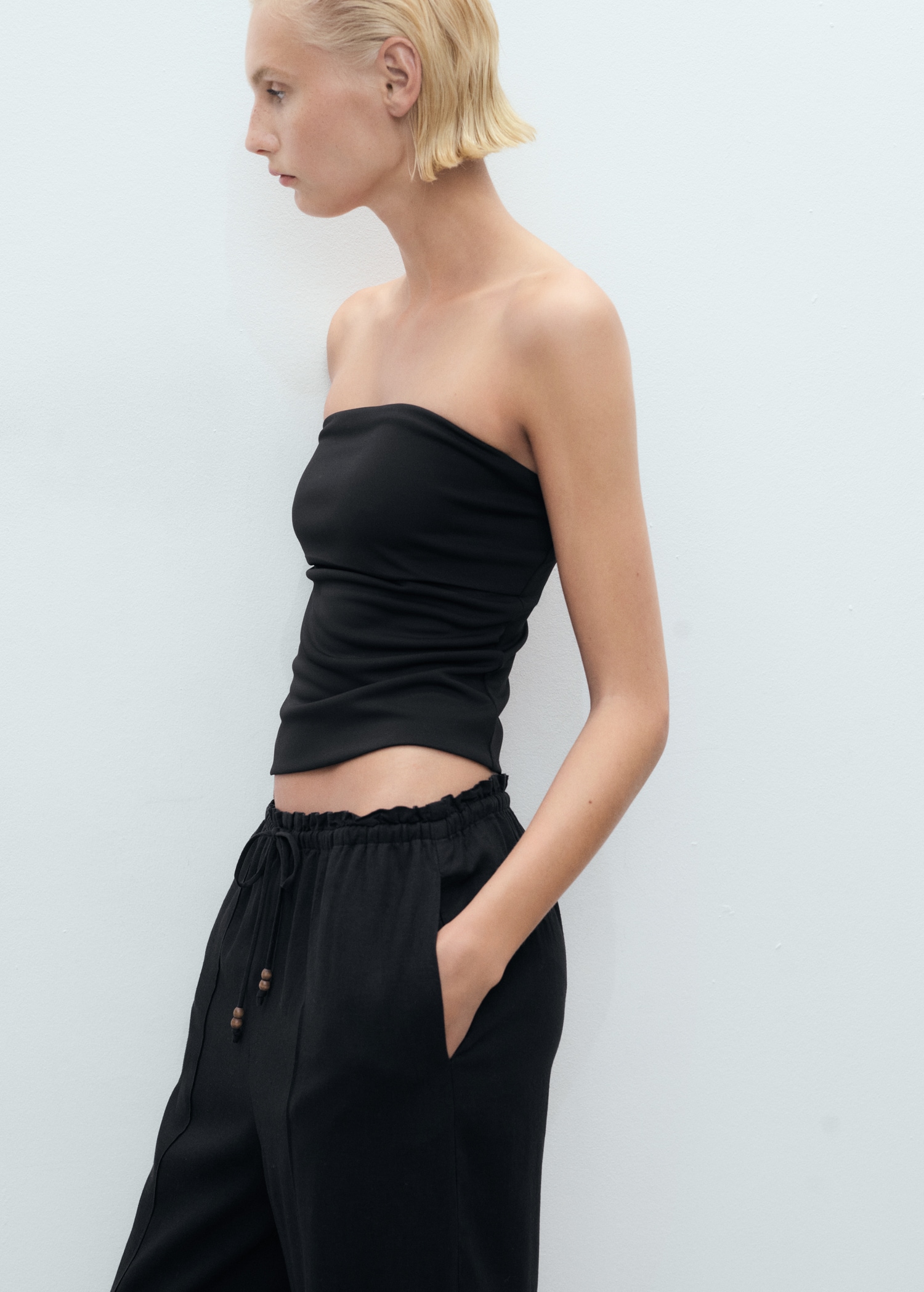 Linen-blend elastic waist trousers - Details of the article 1