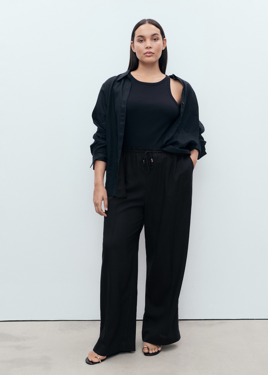 Linen-blend elastic waist pants