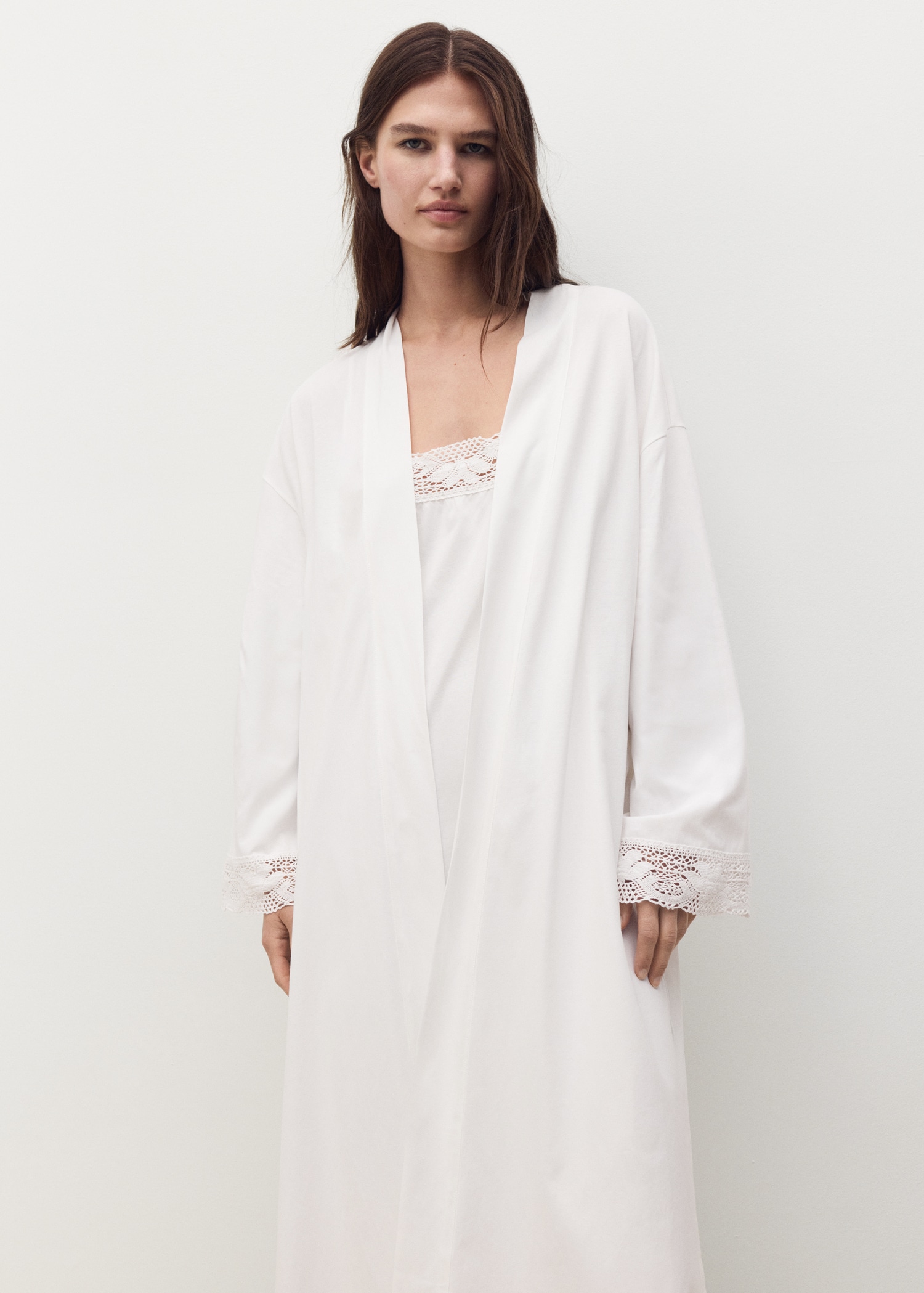 Cotton robe with lace Women MANGO Indonesia - Main Image
