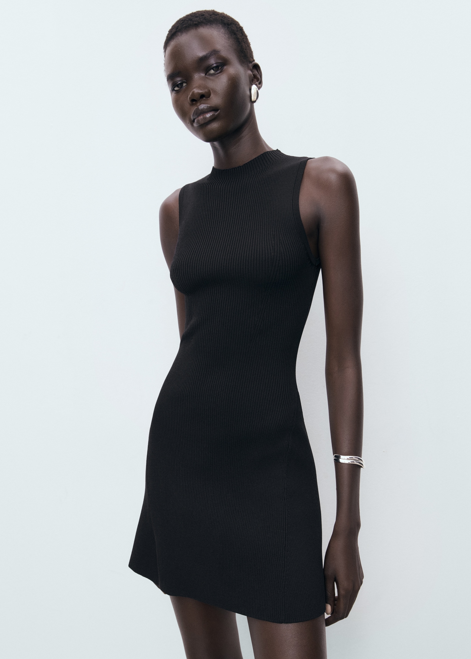 mango black knit dress Mango high neck compact knit midi dress with pleat hem in black