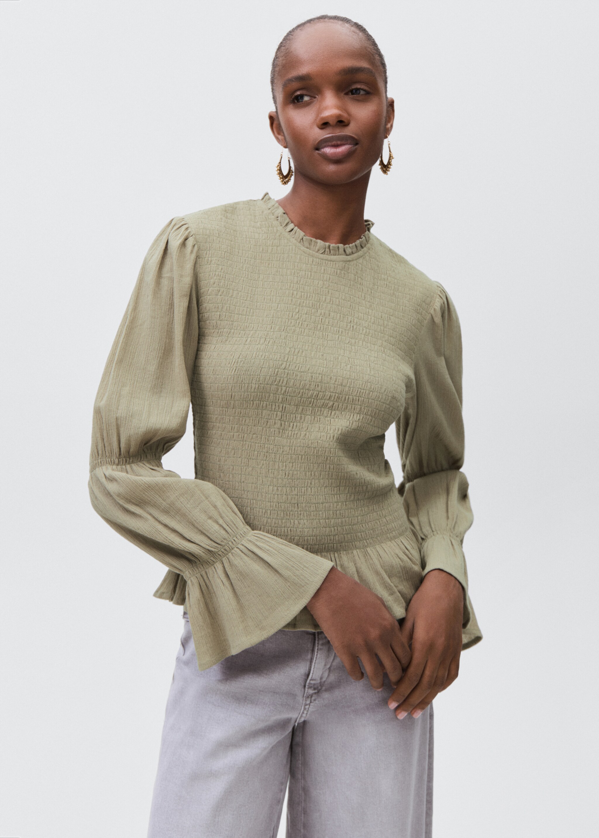 Ruched blouse with ruffles - Medium plane, Medium Green. Ref: 17074077-00.