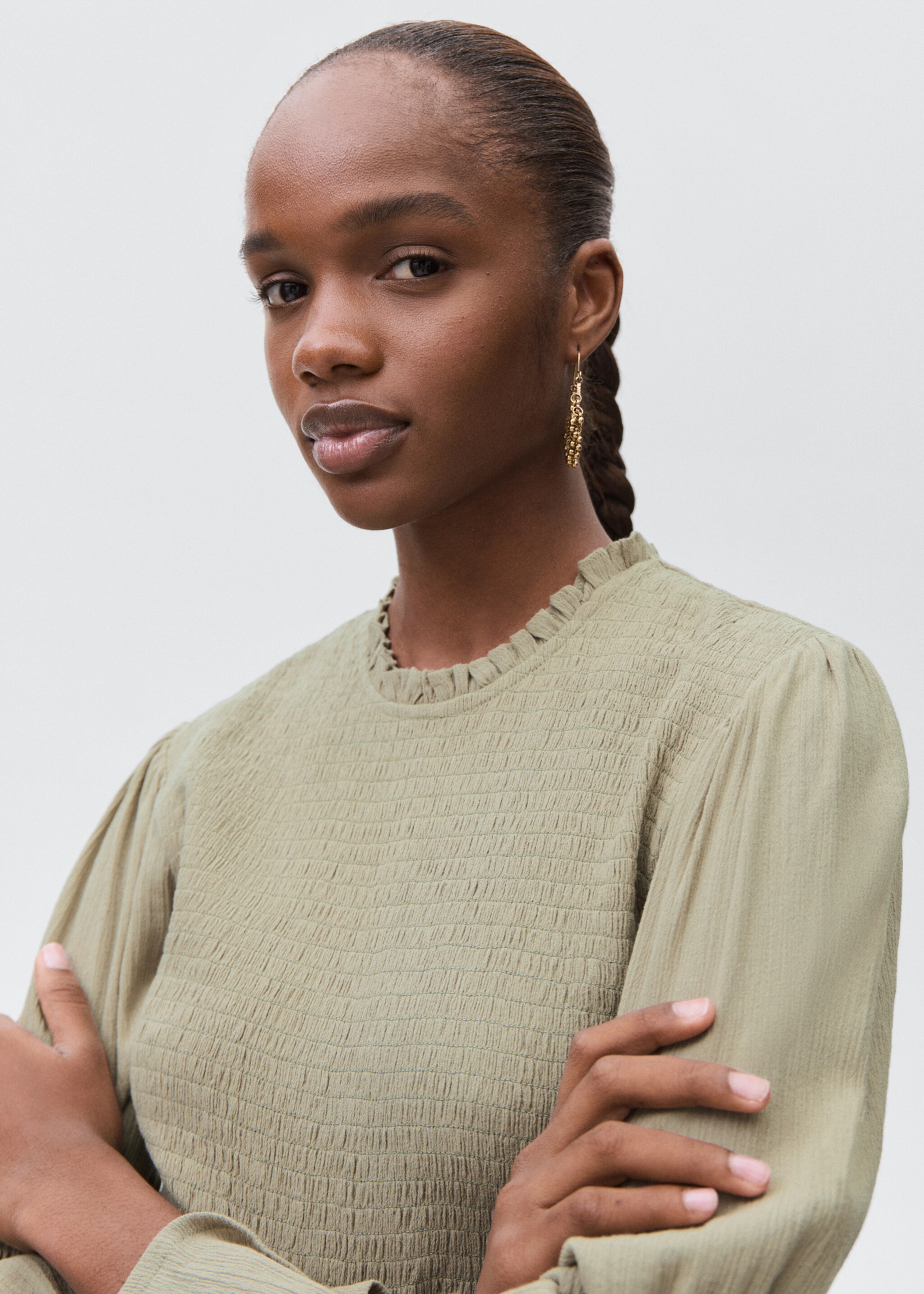 Ruched blouse with ruffles - Details of the article 1, Medium Green. Ref: 17074077-00.