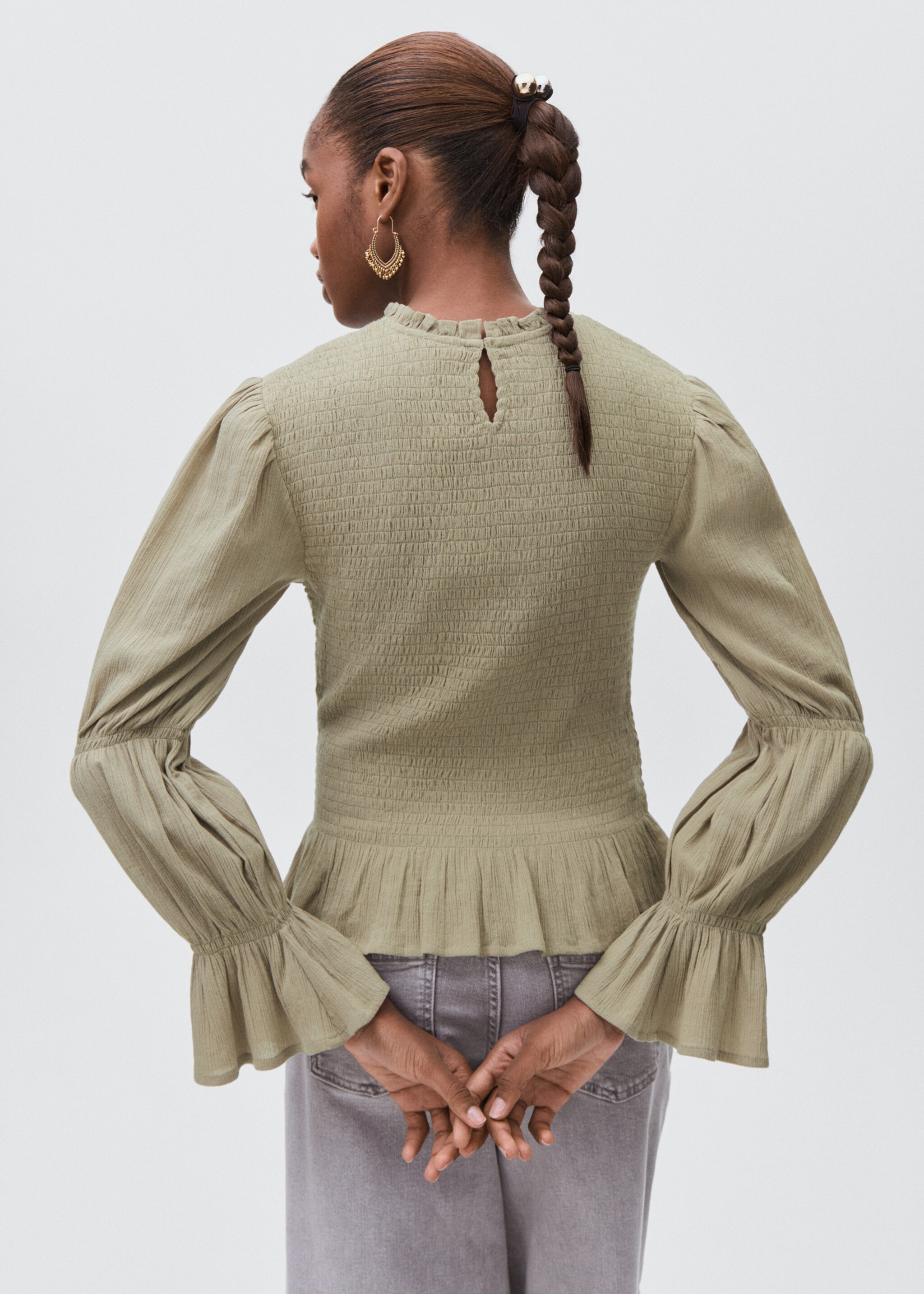 Ruched blouse with ruffles - Reverse of the article, Medium Green. Ref: 17074077-00.