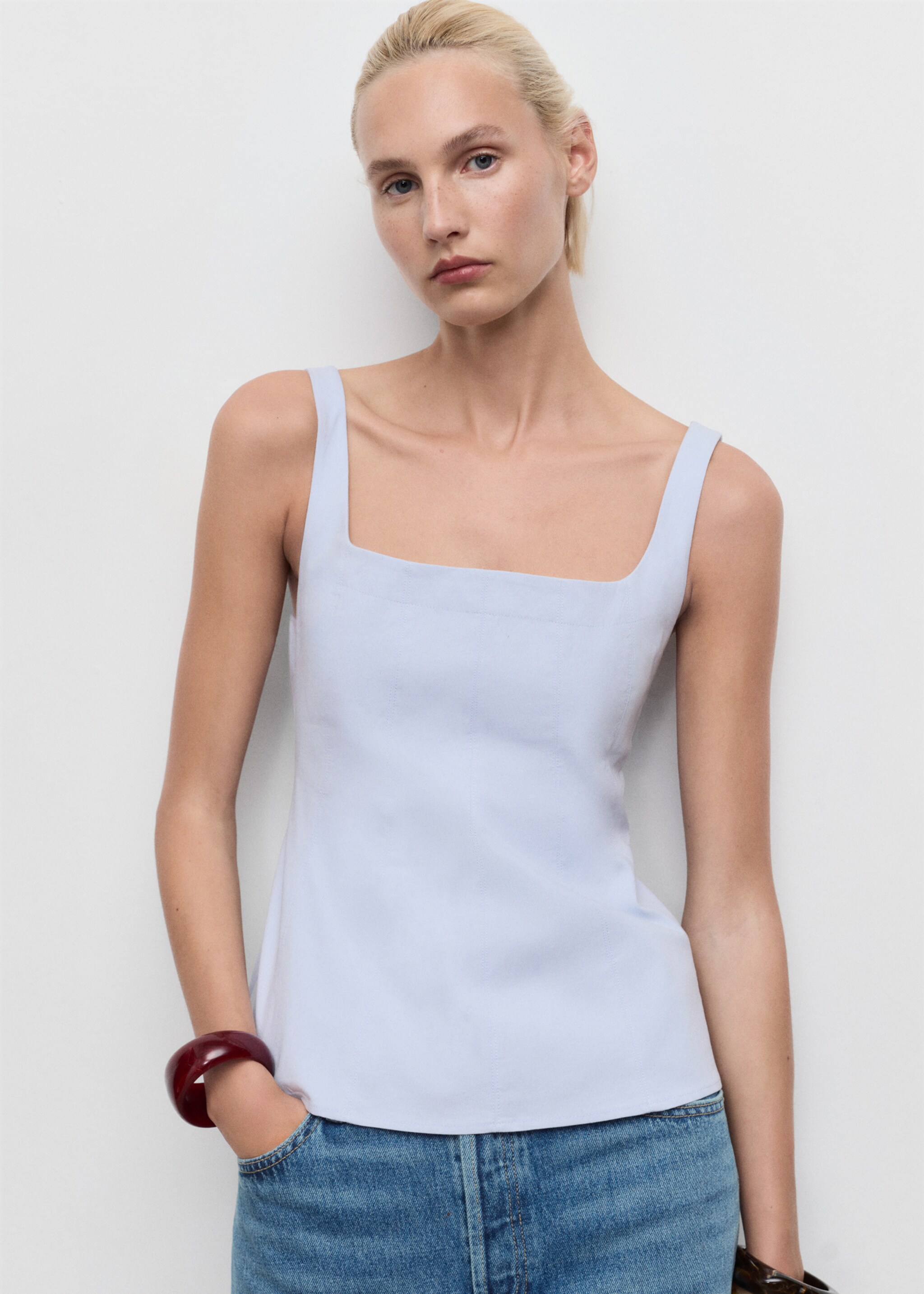 Top algodón evasé - Plano medio, Azul celeste. Ref: 17074078-00.