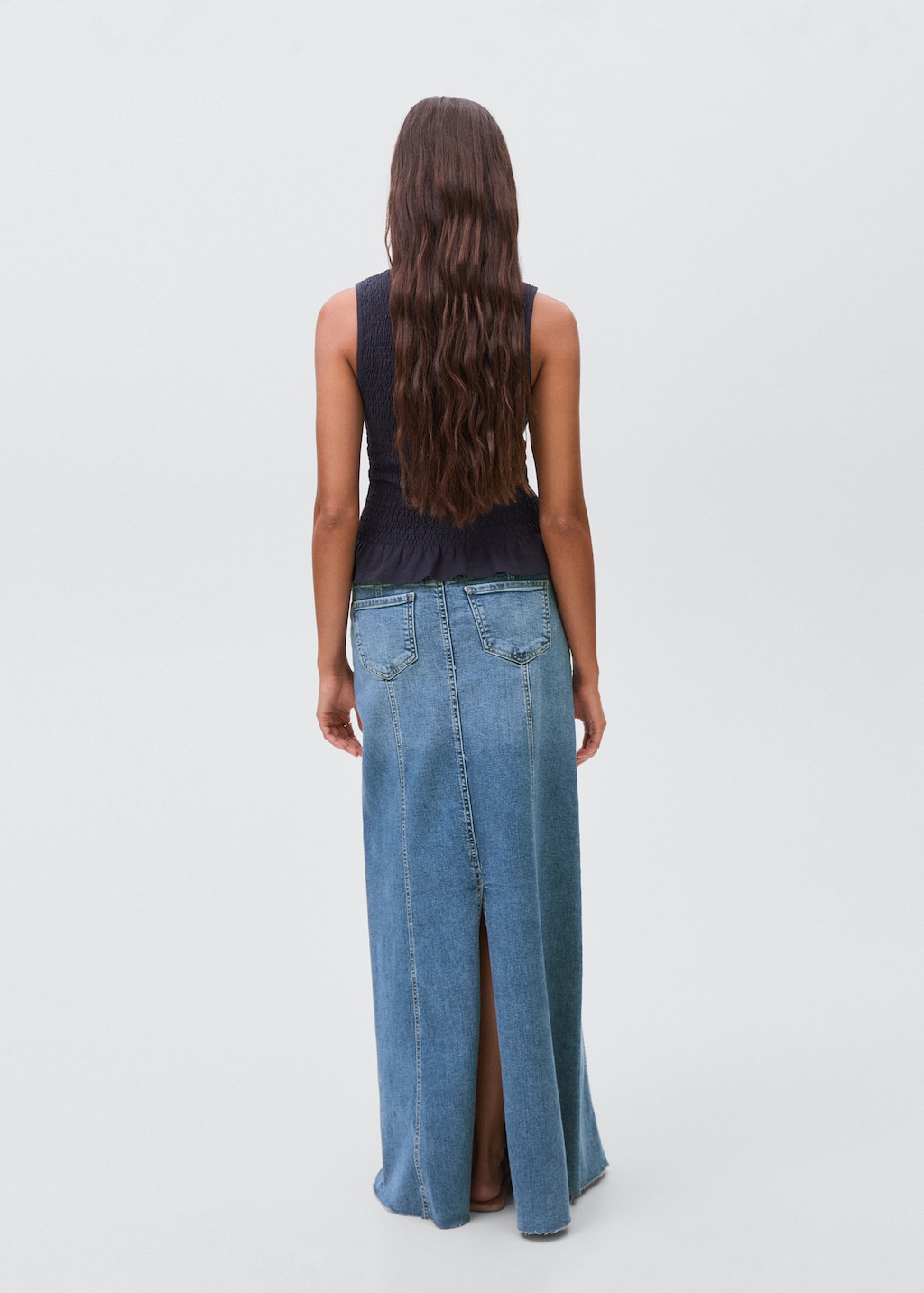 Long denim skirt with seams
