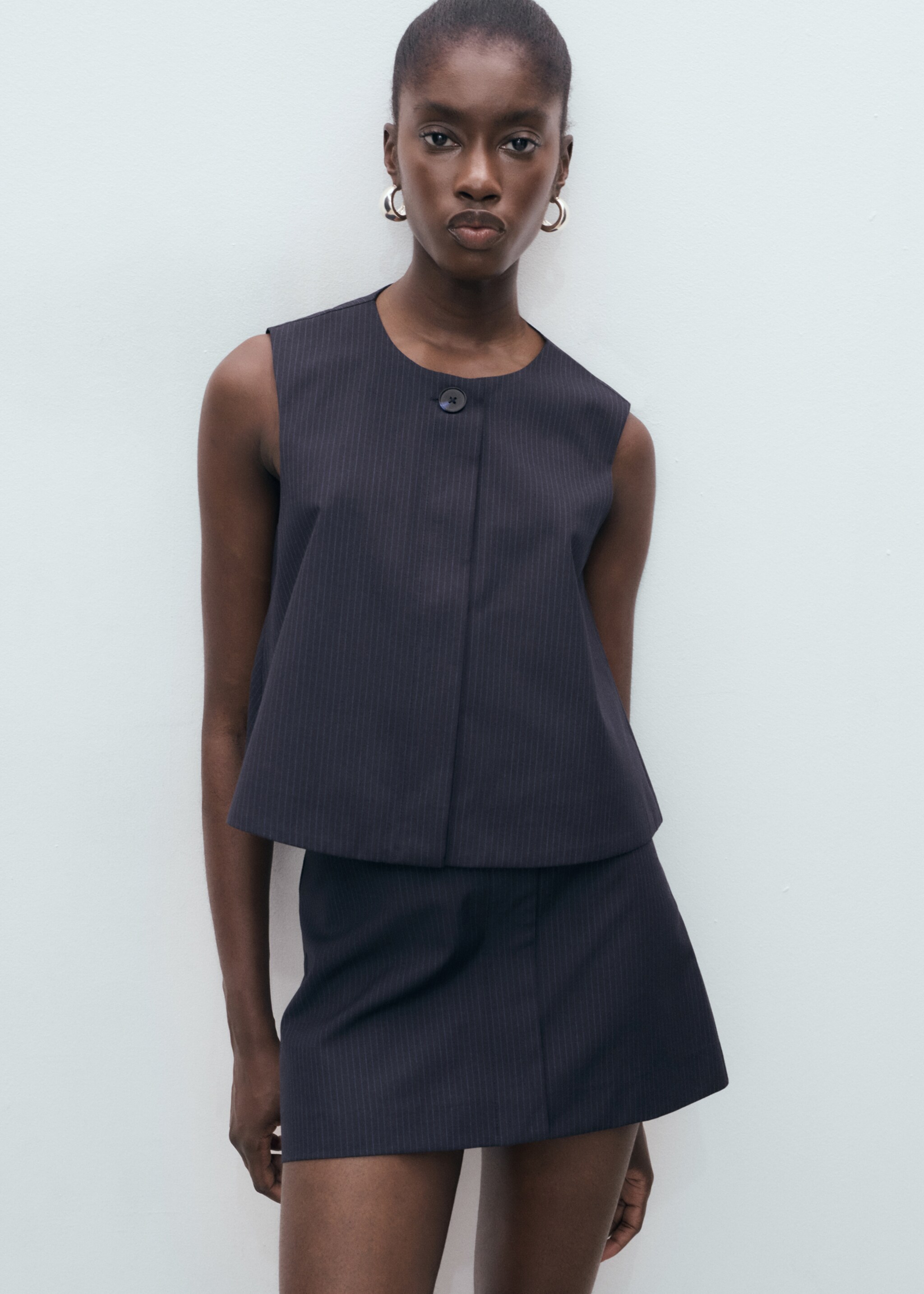 Pinstriped top with balloon effect - Medium plane, Navy. Ref: 17074089-00.