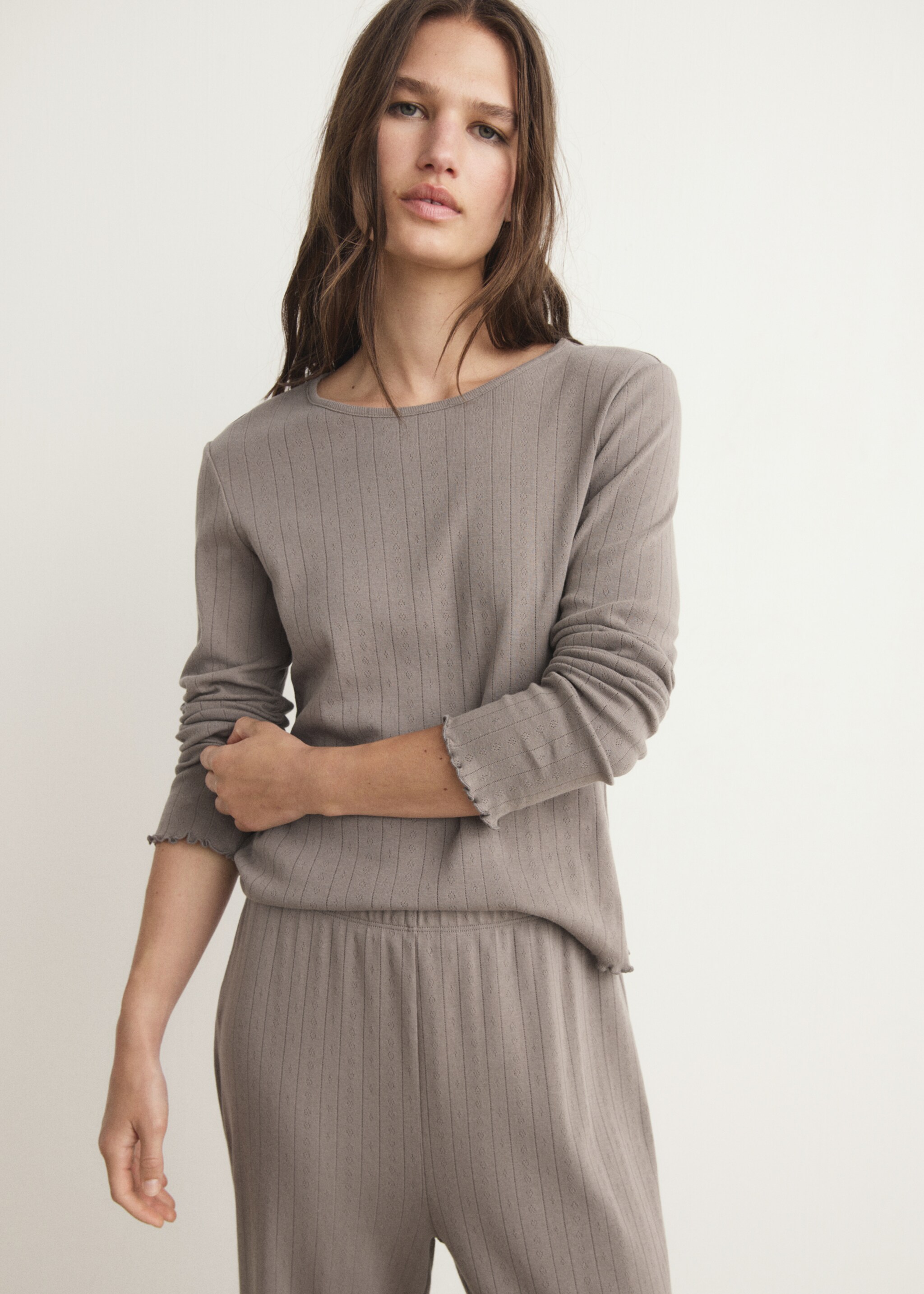 Two-piece openwork cotton pyjamas - Medium plane, Medium Brown. Ref: 17074109-00.