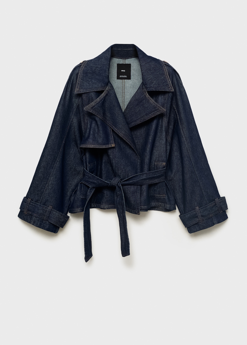 Short denim trench coat with belt