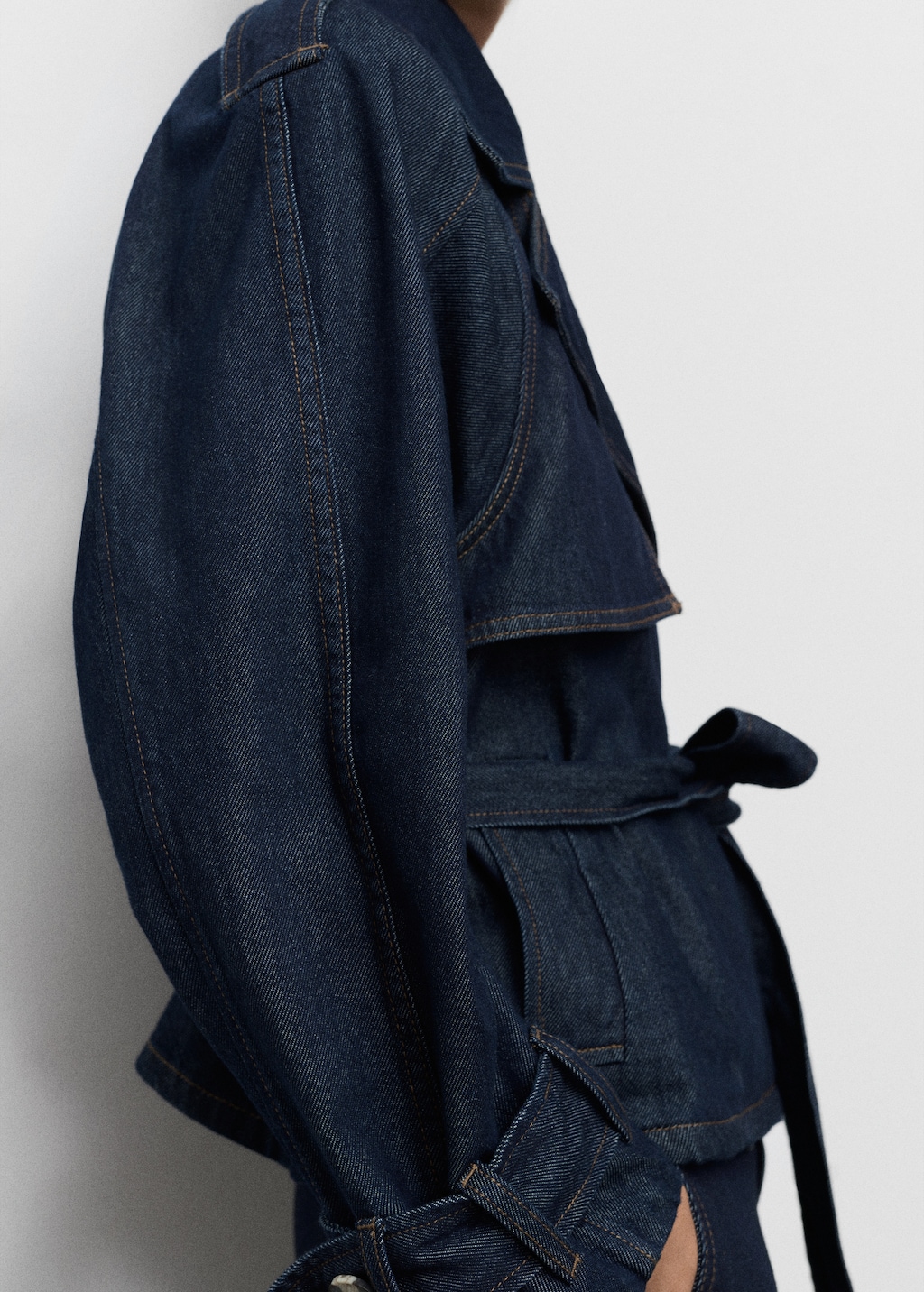 Short denim trench coat with belt