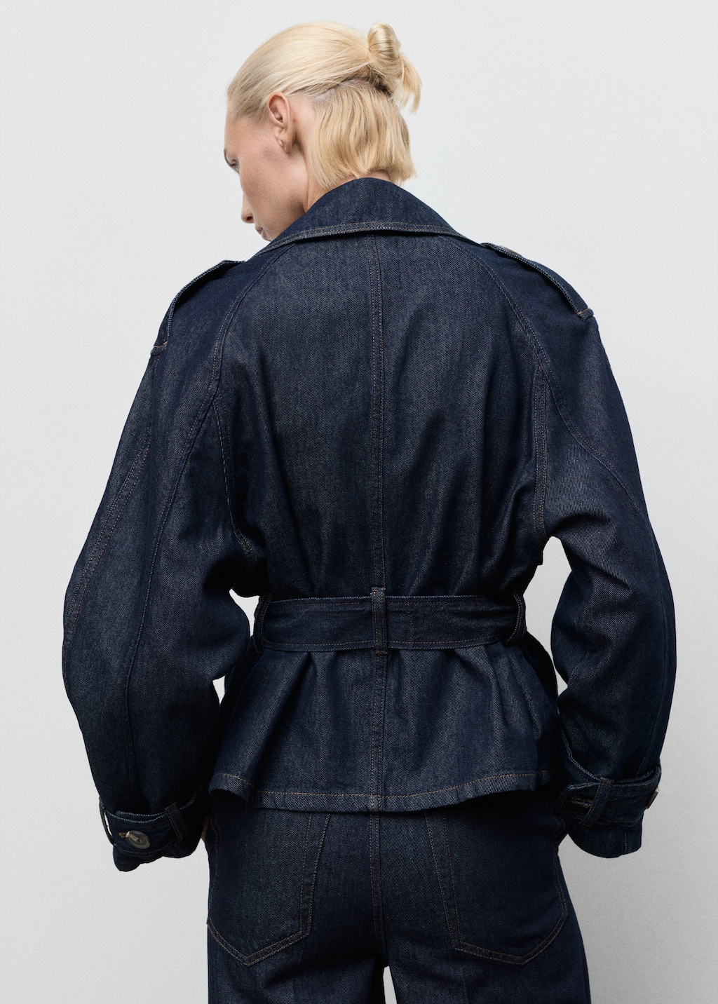 Short denim trench coat with belt