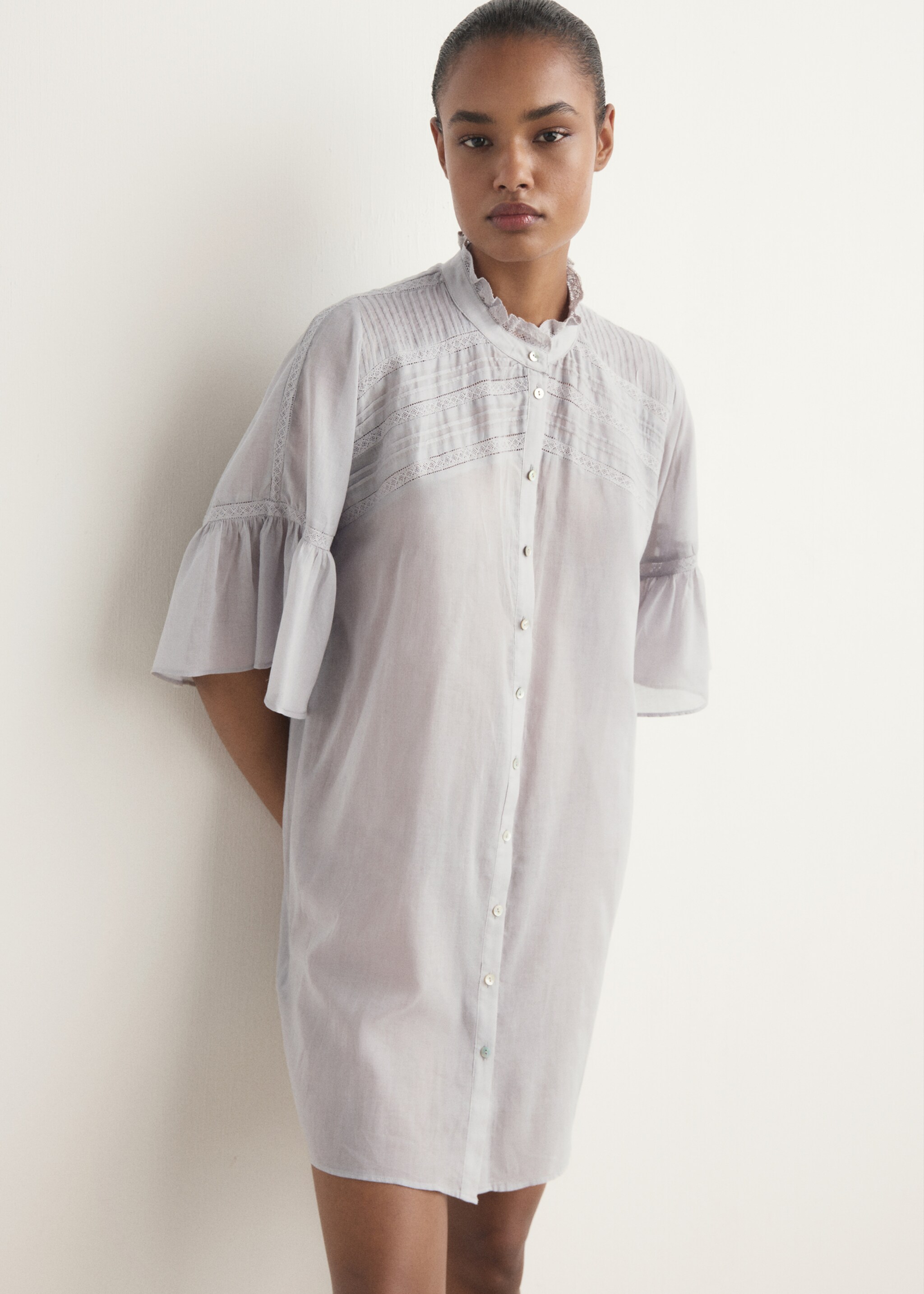 Short-sleeved cotton nightdress - Medium plane, Light/Pastel Grey. Ref: 17074131-00.