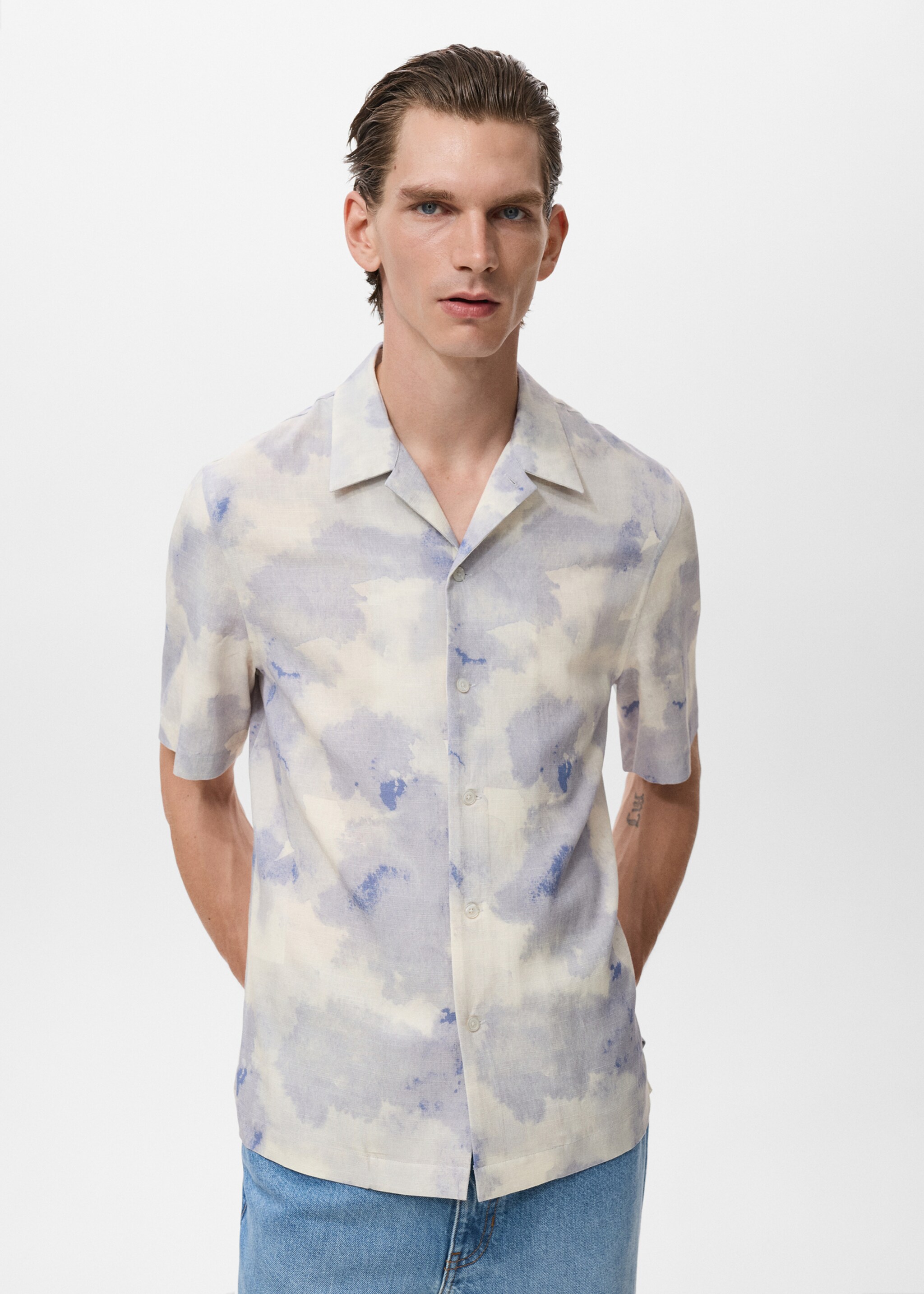 Printed bowling shirt - Medium plane, Light/Pastel Grey. Ref: 17074447-00.