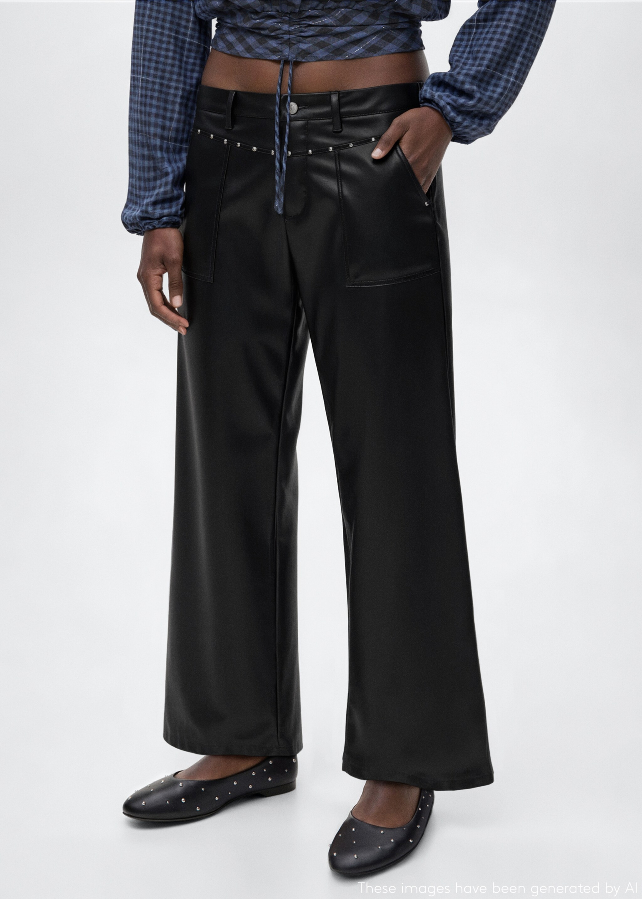 Studded leather-effect trousers - Medium plane, Black. Ref: 17074778-00.