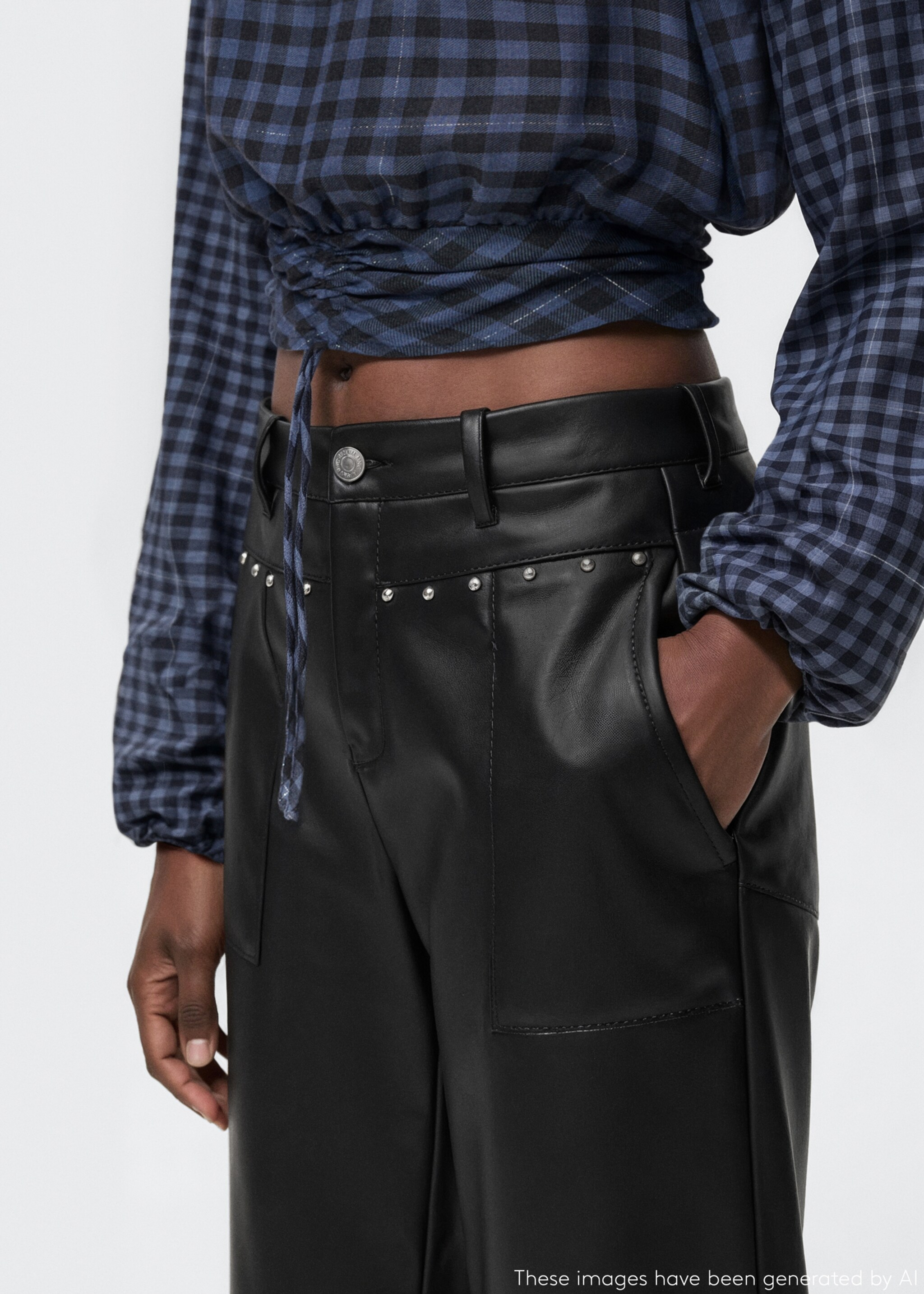 Studded leather-effect trousers - Details of the article 6, Black. Ref: 17074778-00.
