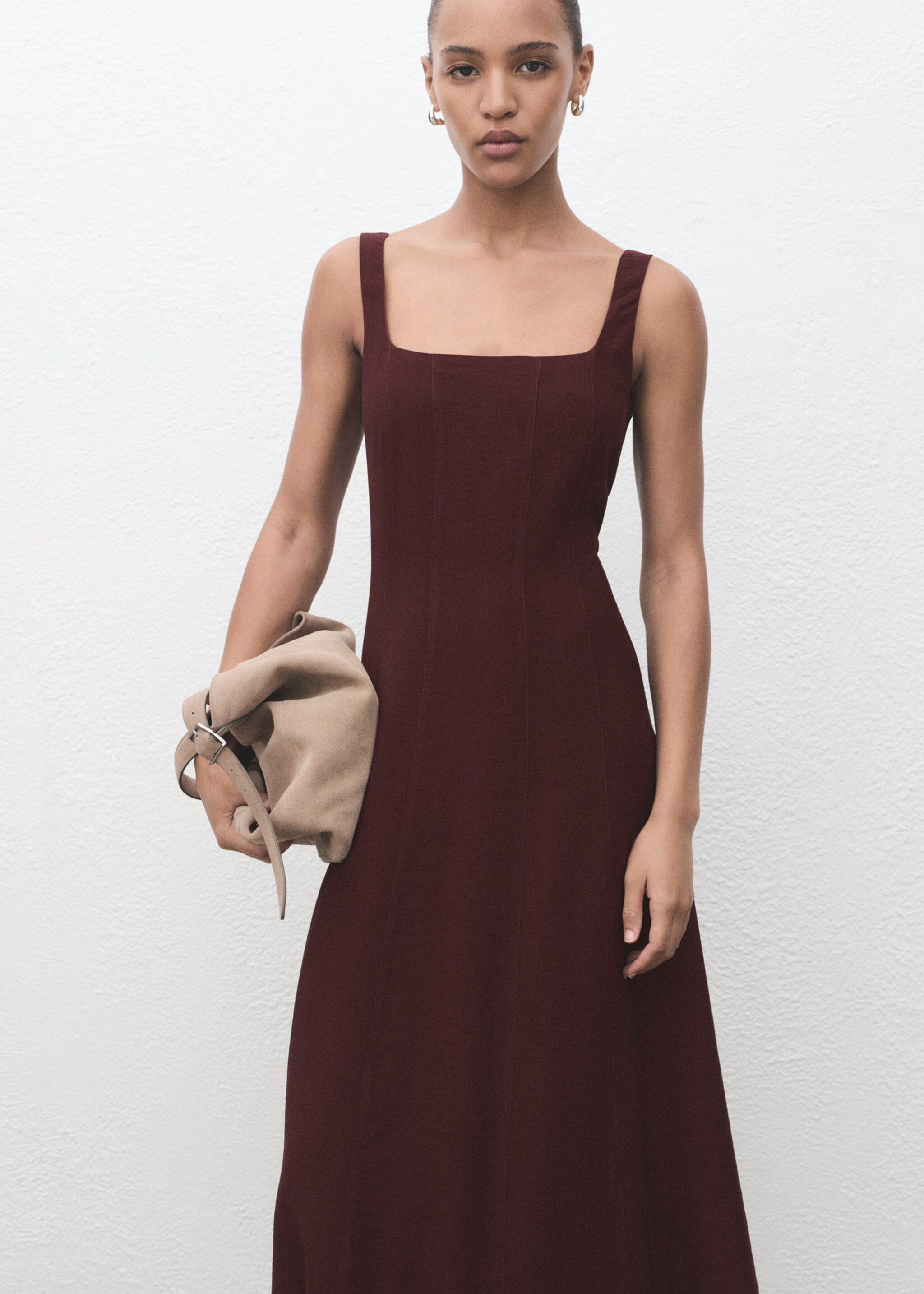 Vestido midi costuras - Plano medio, Granate. Ref: 17074788-00.